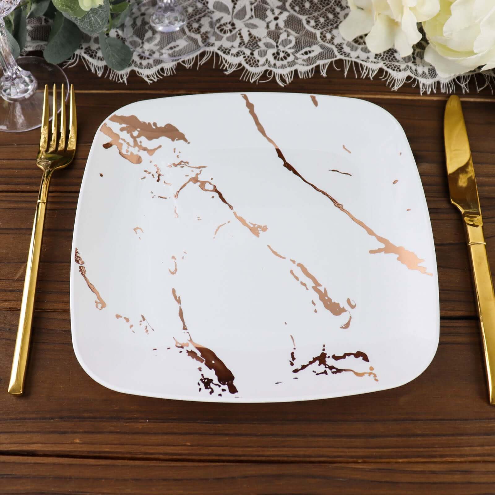 10-Pack Disposable White Plastic Dessert Plates with Rose Gold Marble Design - Ideal for Parties