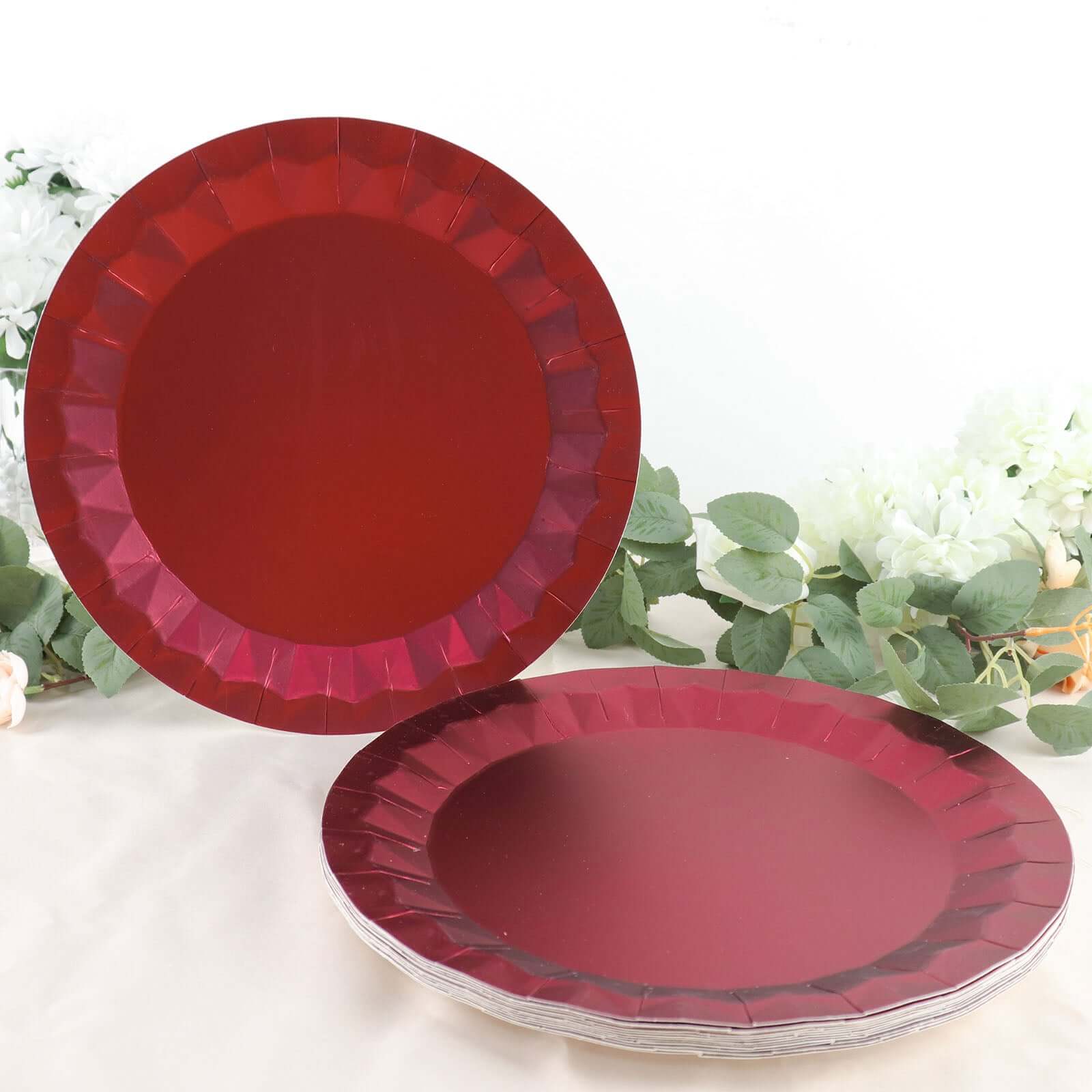 25-Pack Disposable Burgundy Paper Charger Plates with Geometric Design - 12