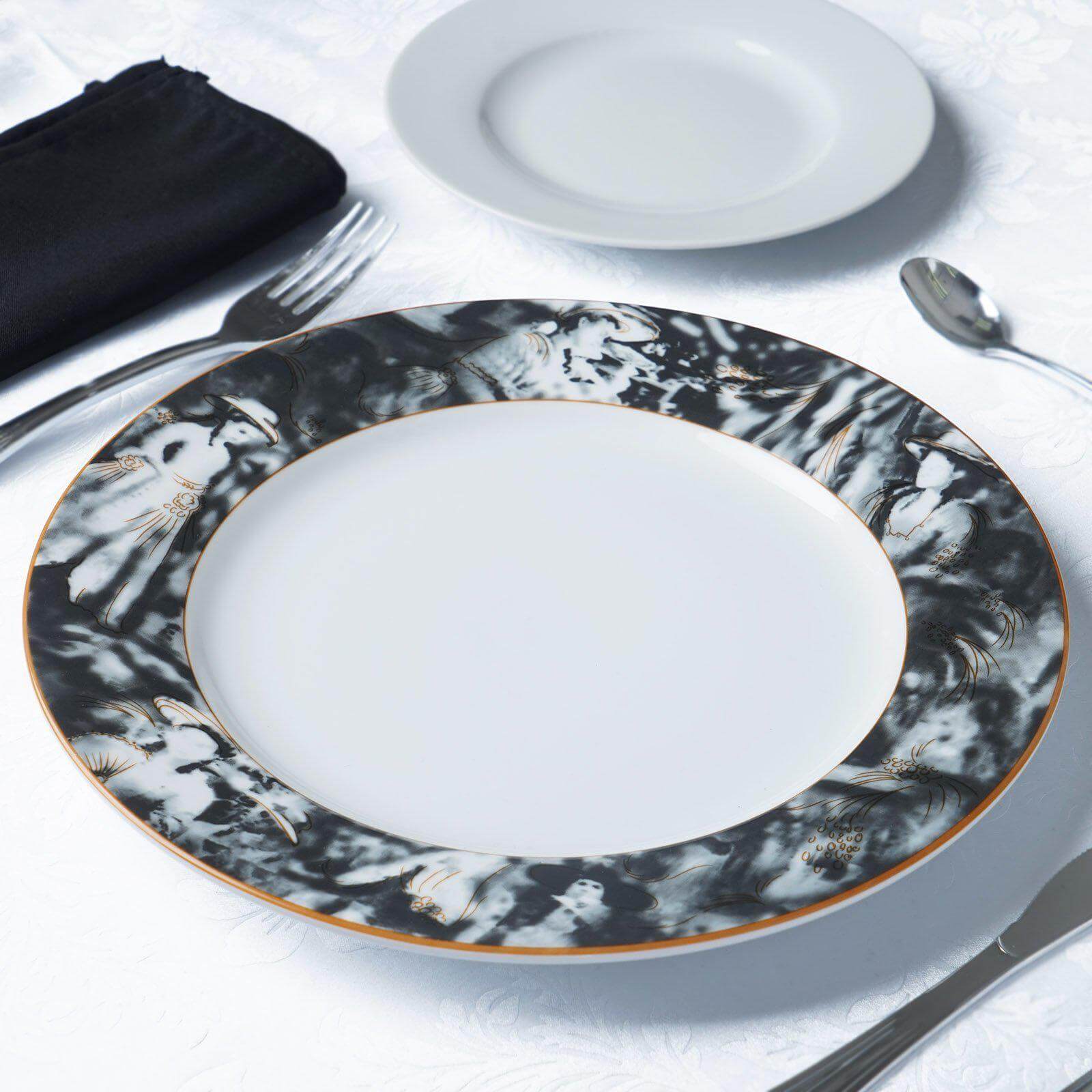 Hot Deal! 12-Pack 11.5-Inch Break-Resistant White/Black Porcelain Dinner Plates with Art Nouveau Rim, Microwave Safe