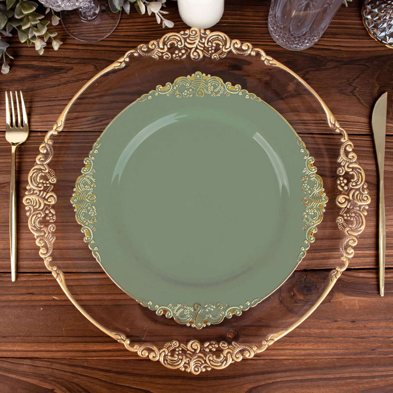 10-Pack Disposable Round Plastic Dinner Plates in Dusty Sage Green with Gold Leaf Embossed Rim - Vintage Baroque Style