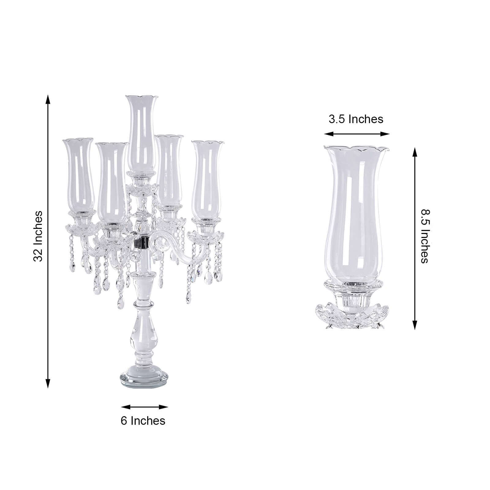 Hot Sale! 5 - Arm Crystal Glass Taper Candelabra, Stylish Table Centerpiece with Chandelier Chains, 32 Inches