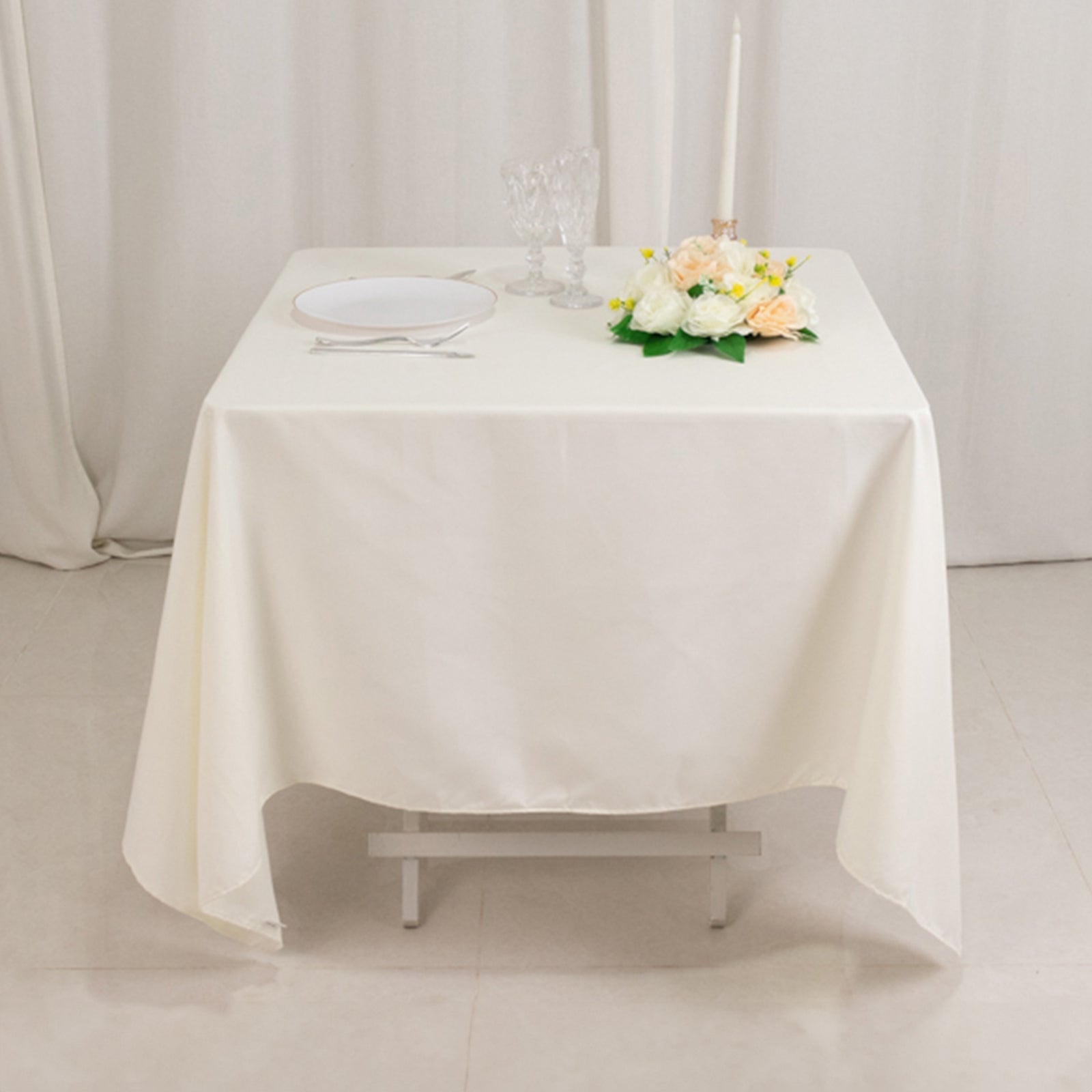 Wrinkle-Resistant Ivory 70x70 Square Cotton Blend Tablecloth