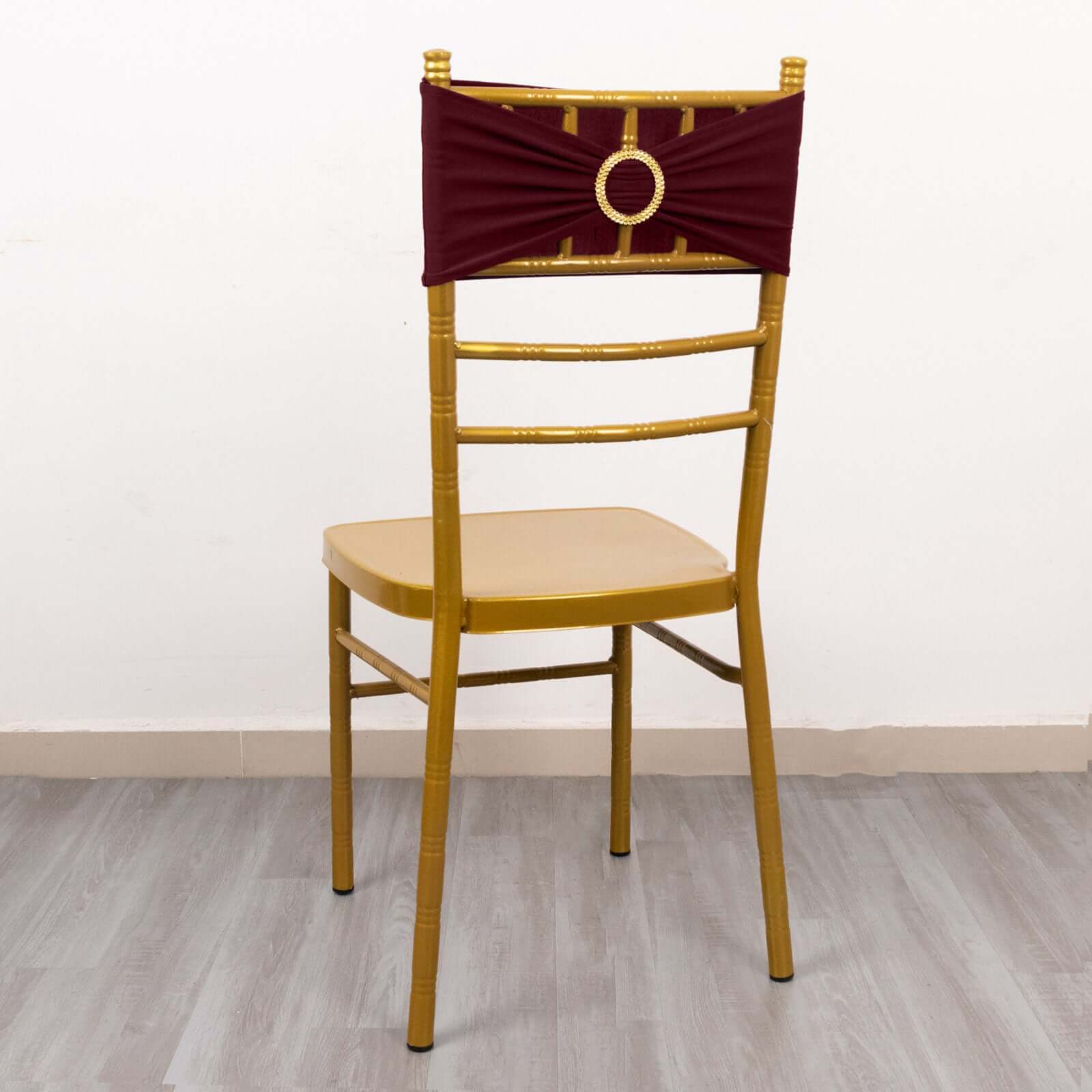 5-Pack Reusable Burgundy Spandex Chair Sashes with Gold Rhinestone Buckles - 4-Way Stretch