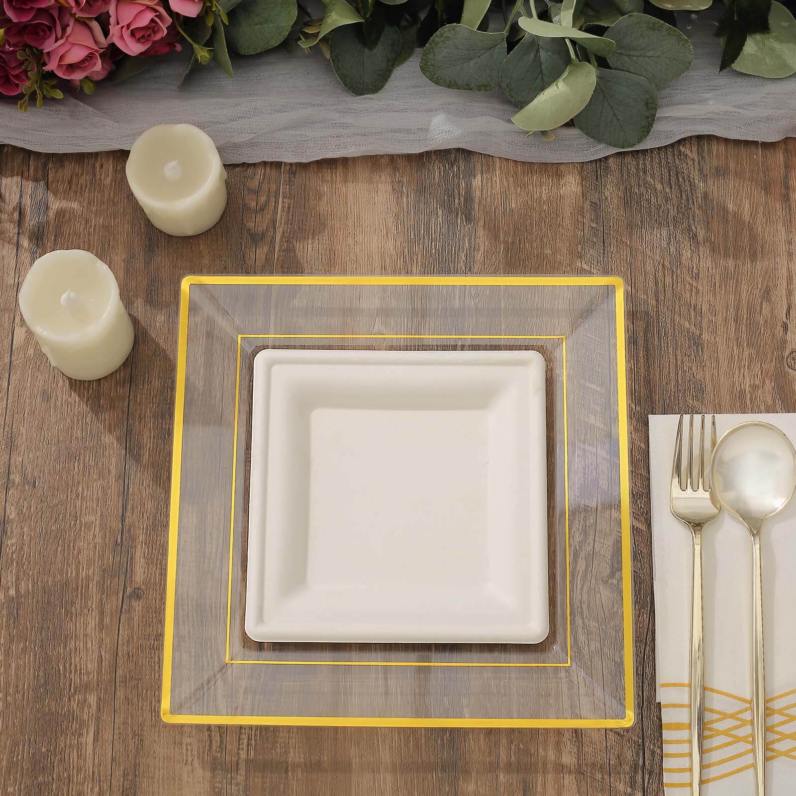 10-Pack Gold Trim Clear Square Plastic Disposable Dinner Plates for Parties