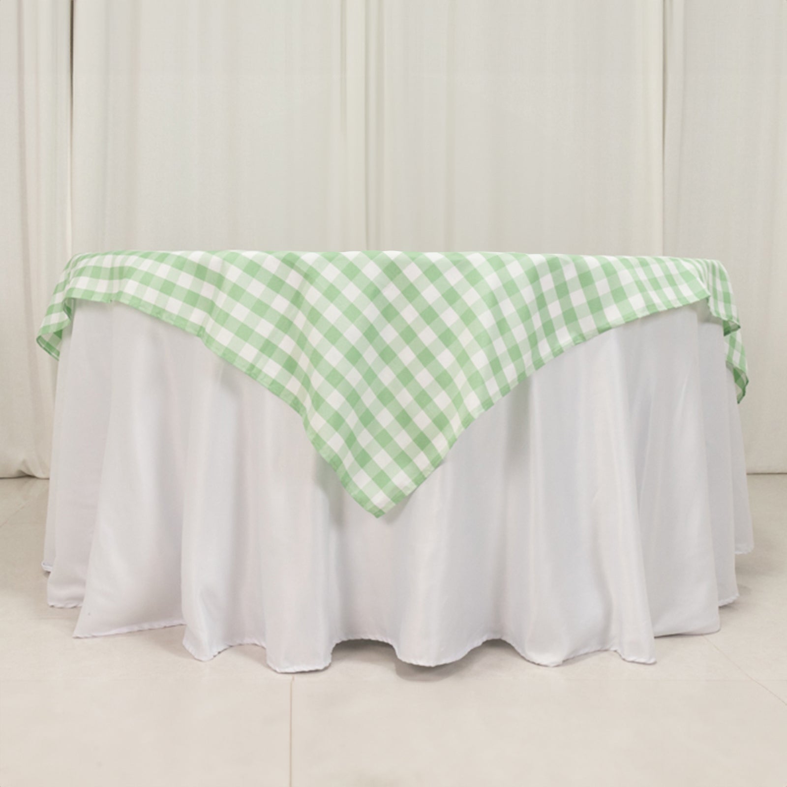 70x70 Polyester Square Table Overlay in White and Sage Green - Buffalo Check Plaid Table Topper