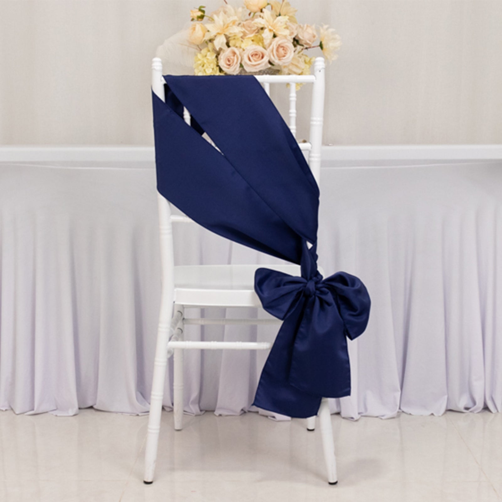 Navy Blue Lamour Satin 6x106 Chair Sashes - Set of 5 Reusable Decorative Bows