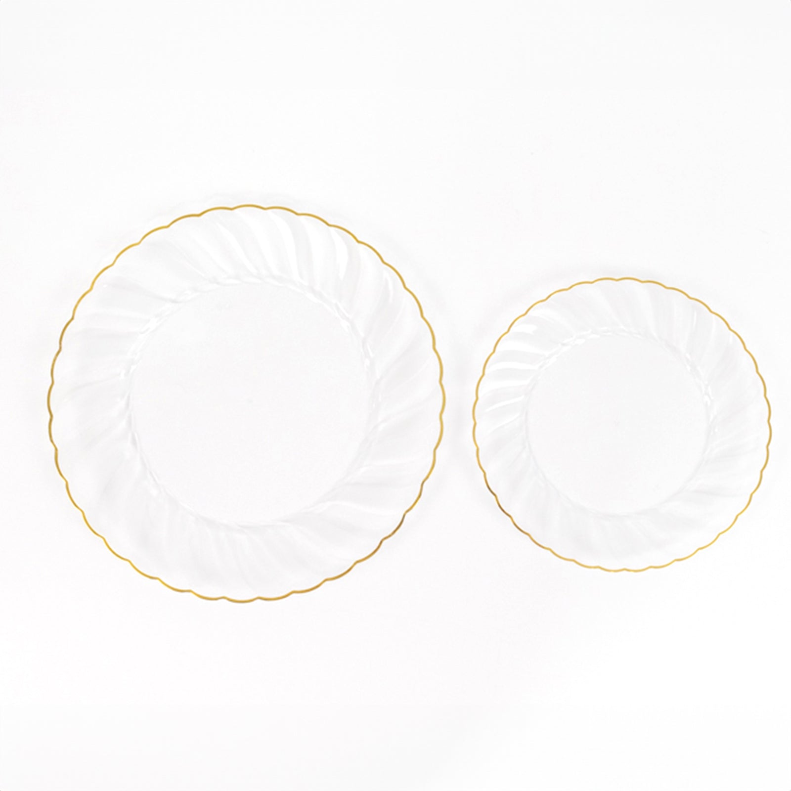 10-Pack Disposable Clear Plastic Salad Dessert Plates with Gold Flair Rim for Upscale Parties