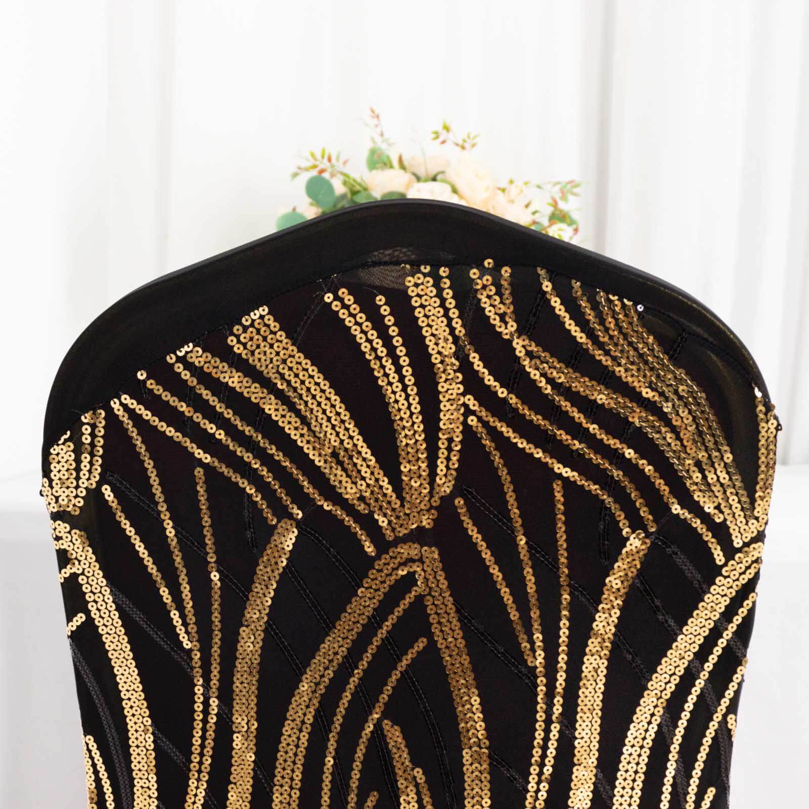 Sparkling Black/Gold Spandex Banquet Chair Cover with Wave Embroidered Sequins - Fitted Stretch Slipcover