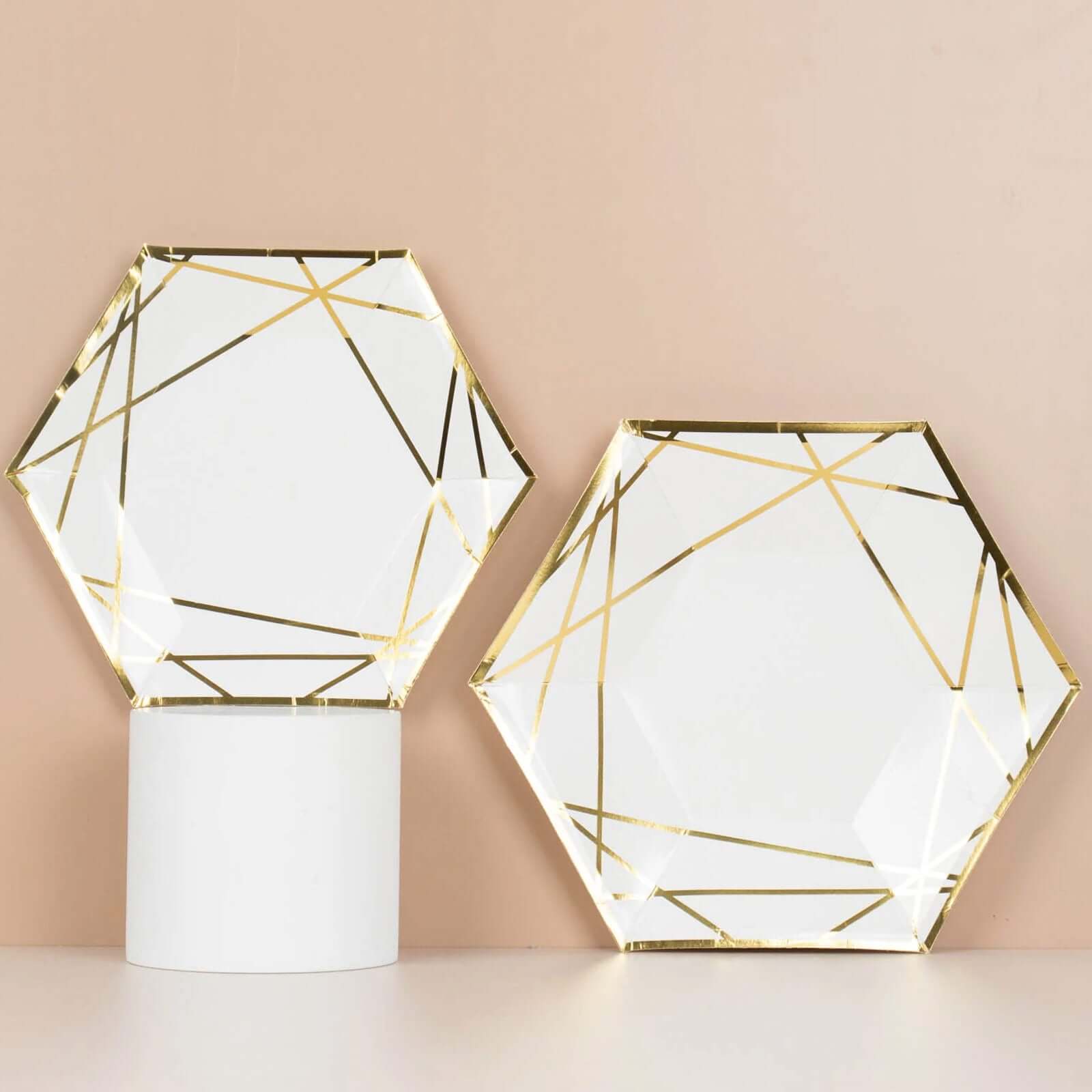 25-Pack White & Gold Geometric Hexagon Disposable Paper Appetizer and Salad Plates for Events
