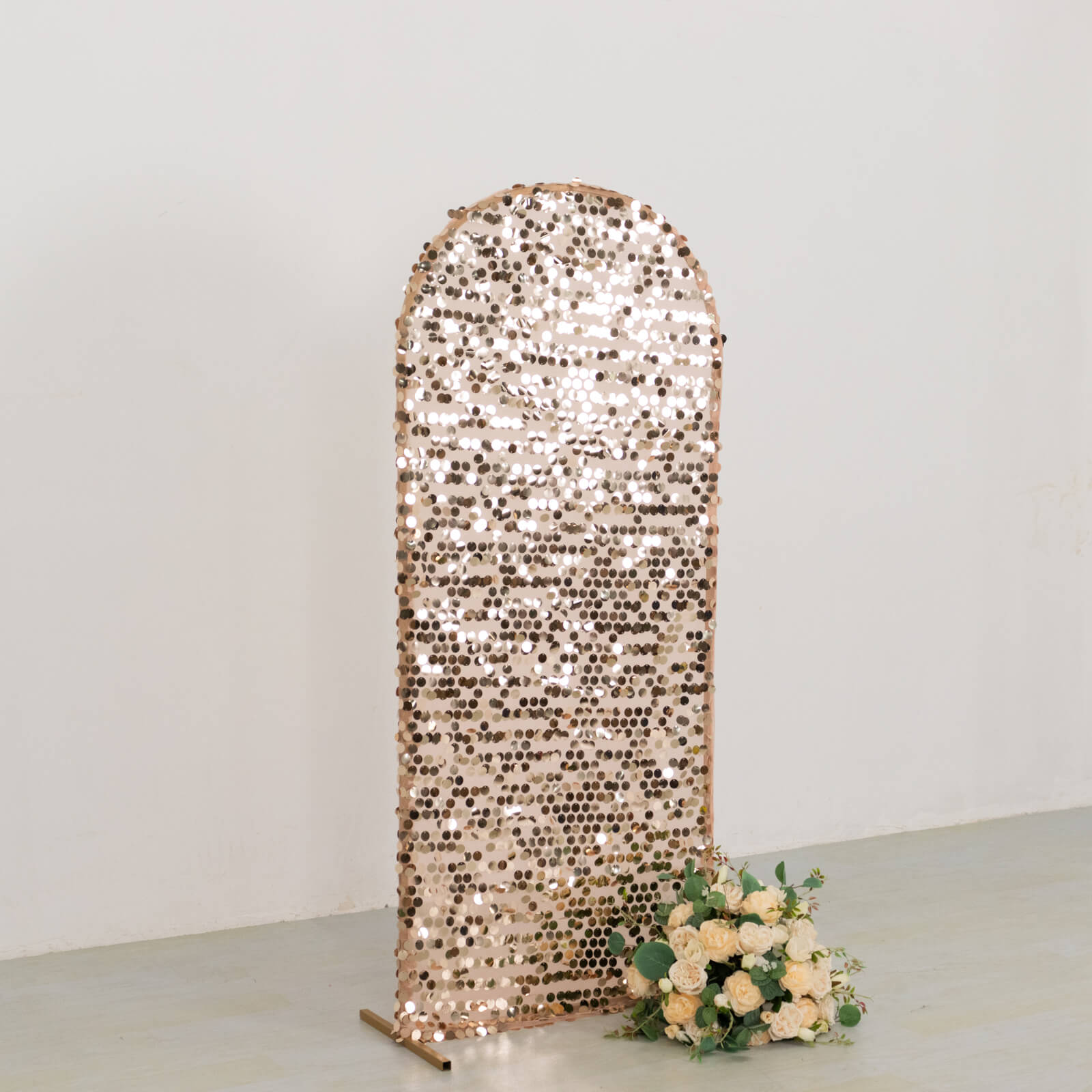 5ft Sparkly Rose Gold Payette Sequin Fitted Cover for Round - Top Wedding Arch Stand