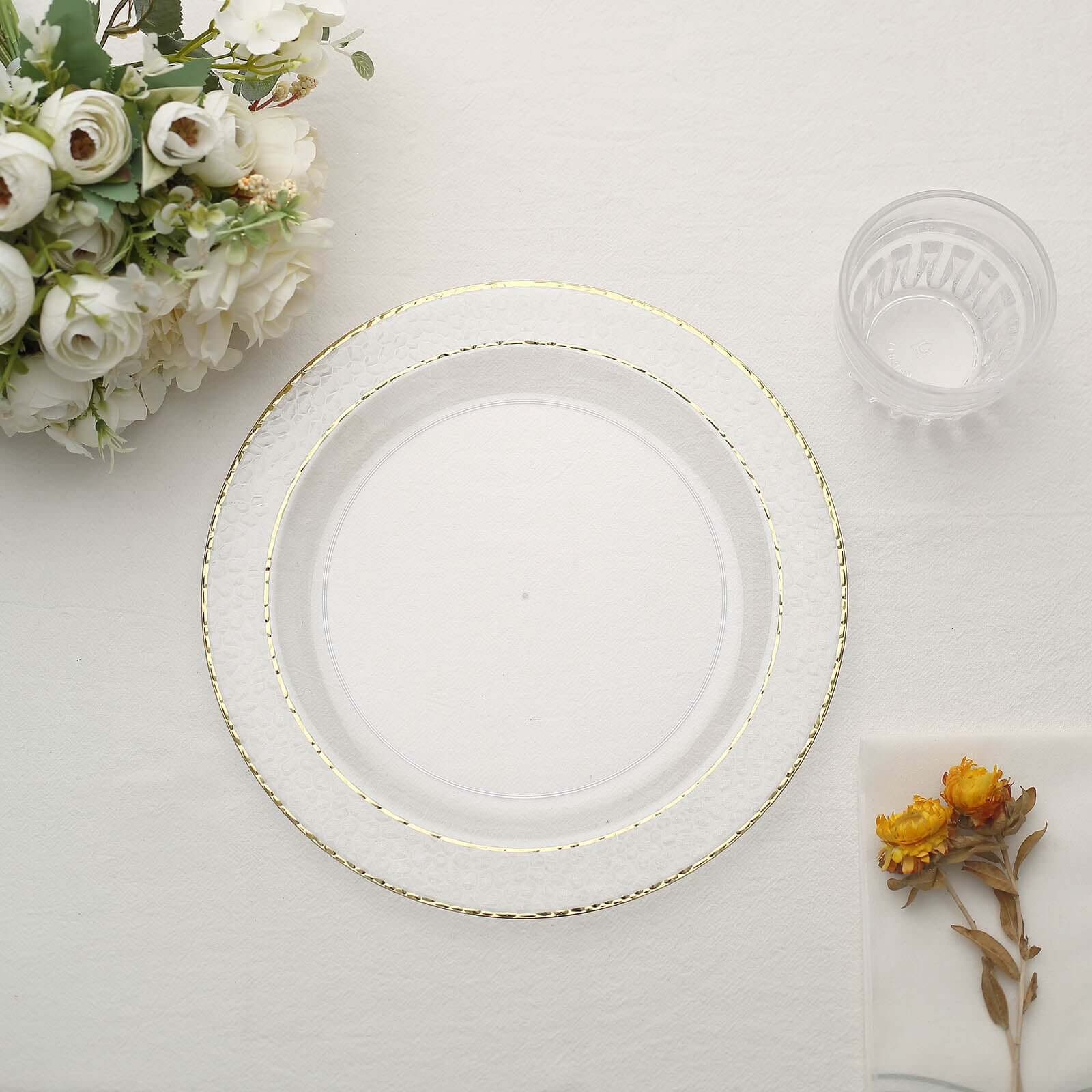Special Offer! 10-Pack Disposable Round Plastic Dinner Plates with Clear Hammered Design and Gold Rim for Chic Events