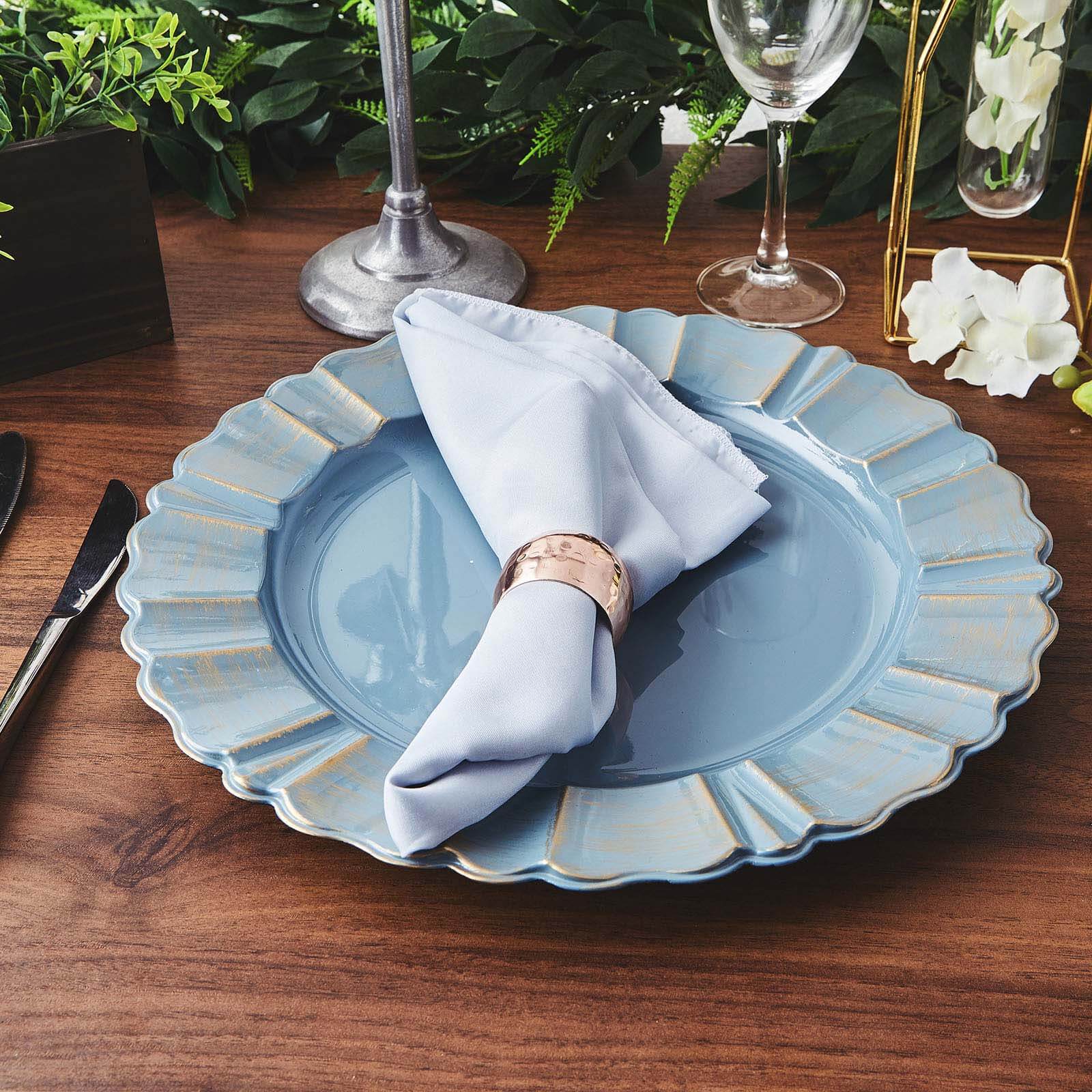 6-Piece Set of 13-Inch Dusty Blue Acrylic Plastic Round Charger Plates with Gold-Brushed Scalloped Rim for Dinner Parties