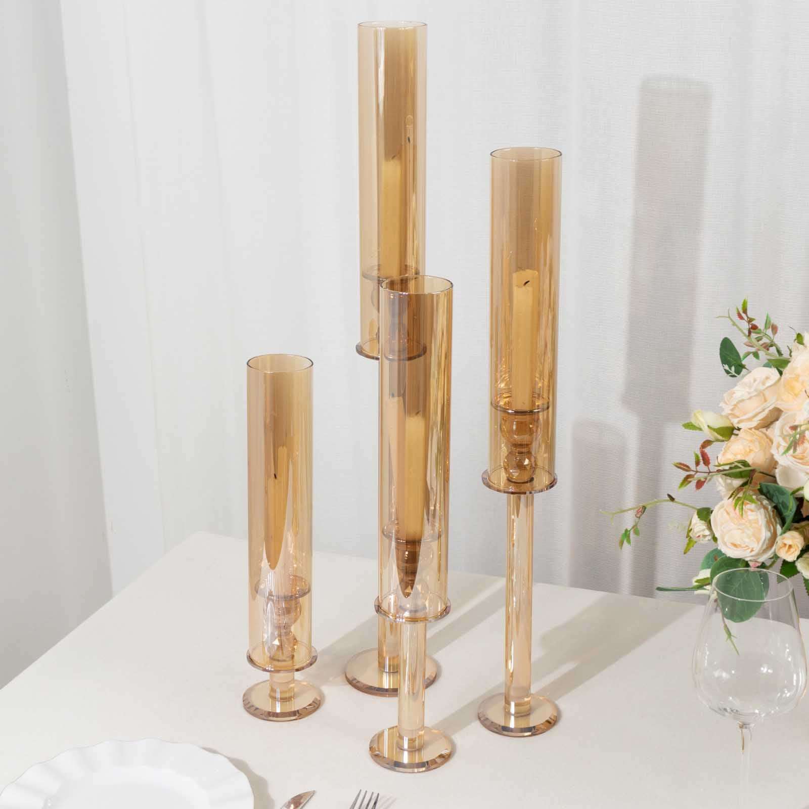 4-Piece Set of Gold Crystal Glass Hurricane Taper Candle Holders - Assorted Sizes