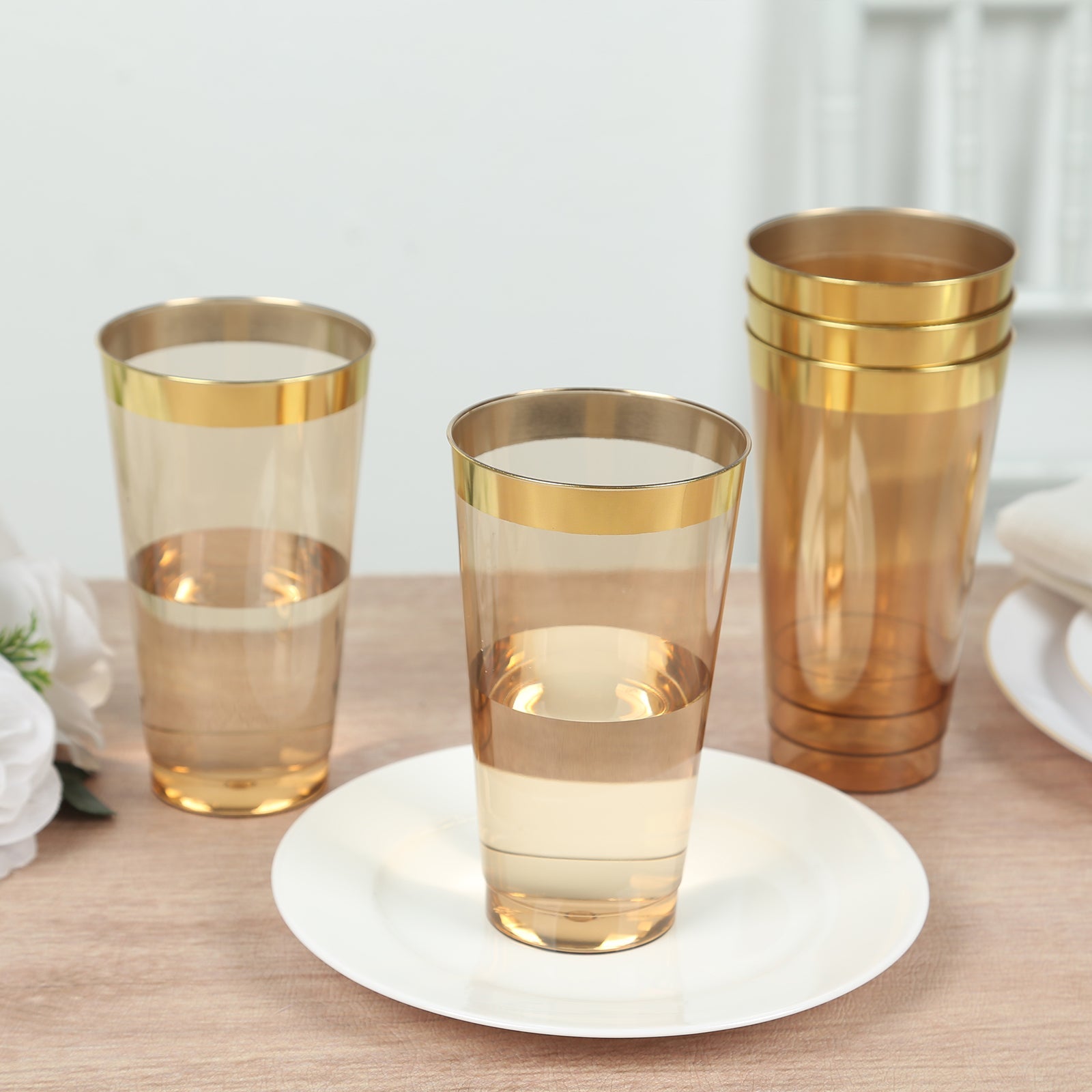 12-Pack 17oz Durable Disposable Plastic Party Cups - Transparent Amber Gold with Gold Rim