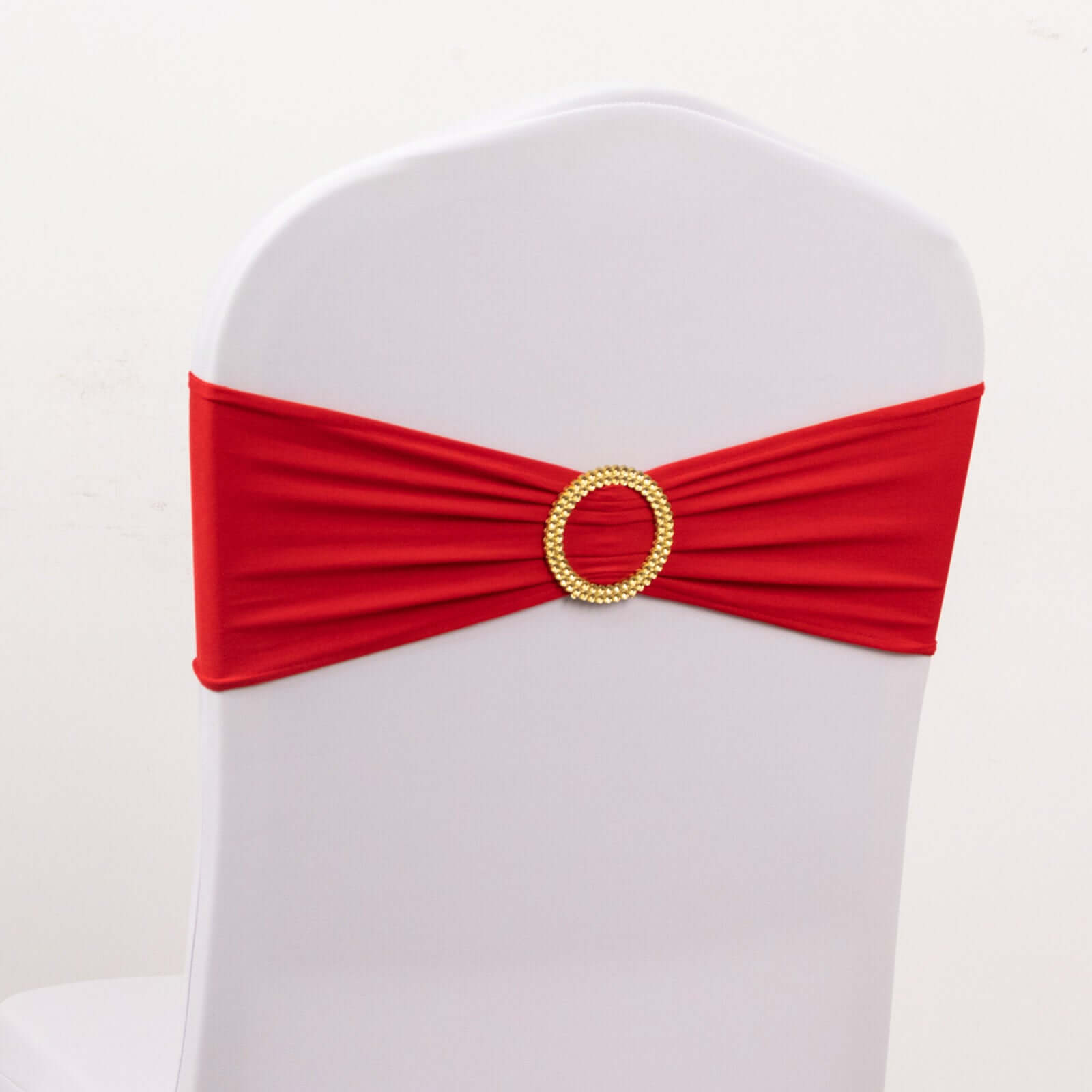 Set of 5 Reusable Red Spandex Chair Sashes with Gold Rhinestone Plastic Buckles, 5x14