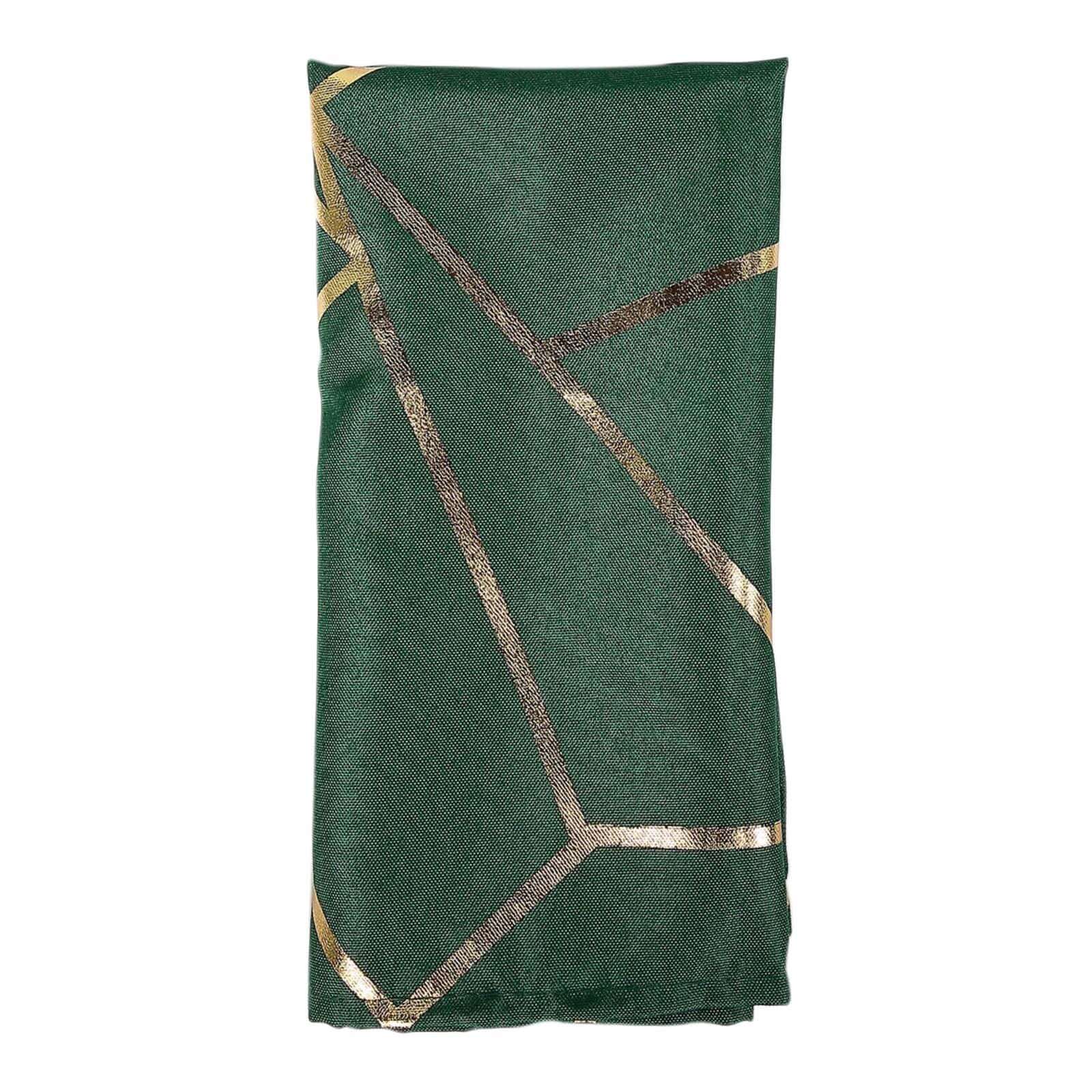 Set of 5 Reusable 20x20 Polyester Dinner Napkins in Hunter Emerald Green with Gold Geometric Foil Design