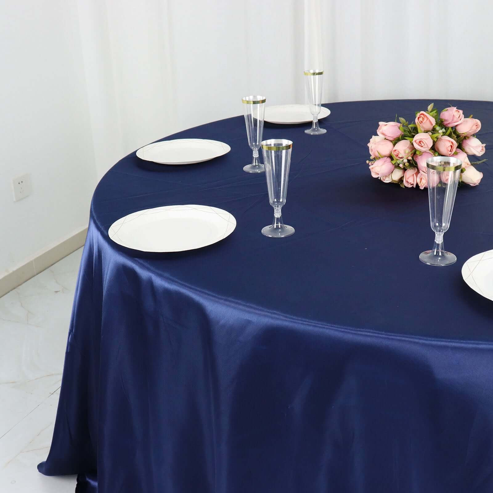 Stylish Navy Blue Satin 132-Inch Round Tablecloth - Ideal for Special Occasions