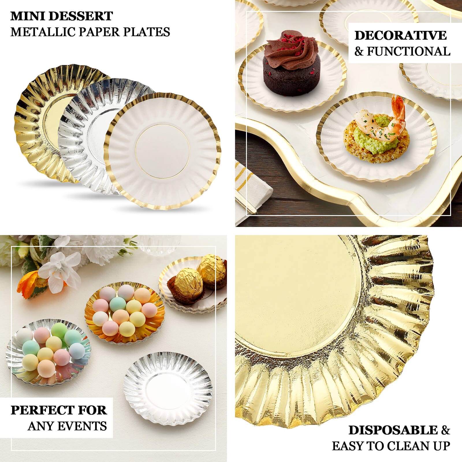 50-Piece Set of 3.5-Inch Disposable Dusty Blue Paper Dessert Plates with Gold Scalloped Edges