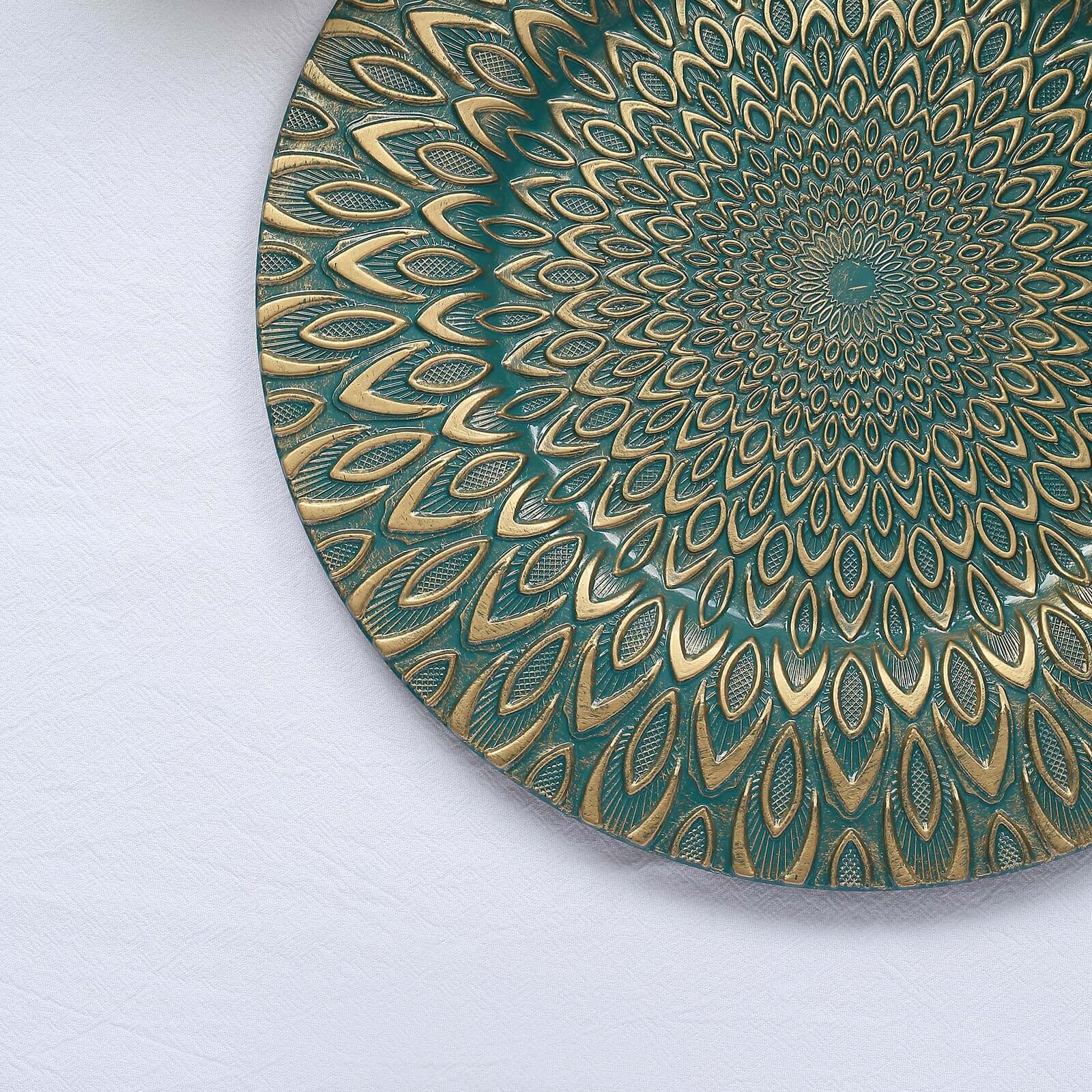 6-Piece Set of 13-Inch Teal Plastic Charger Plates with Gold Embossed Peacock Design