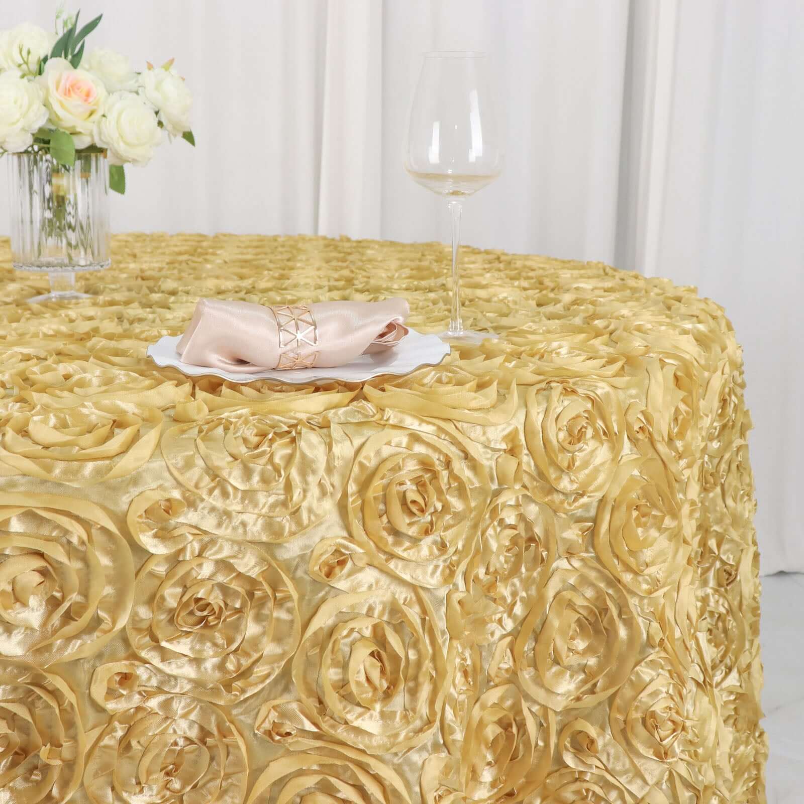 Champagne Satin 120-Inch Round Tablecloth with Stunning 3D Rosette and Seamless Finish