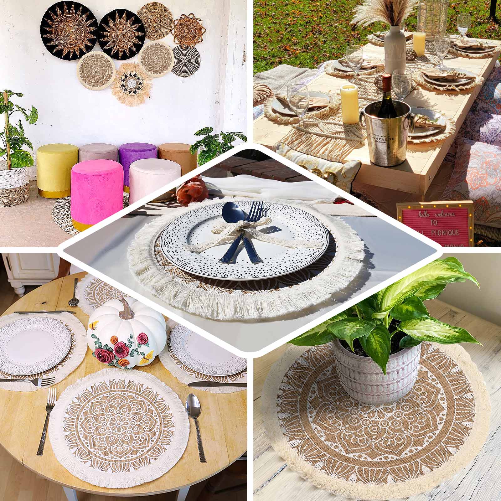 Hot Deal! 4-Pack Round Mandala Print Jute Placemats with Fringe and Tassel Design, Natural and White