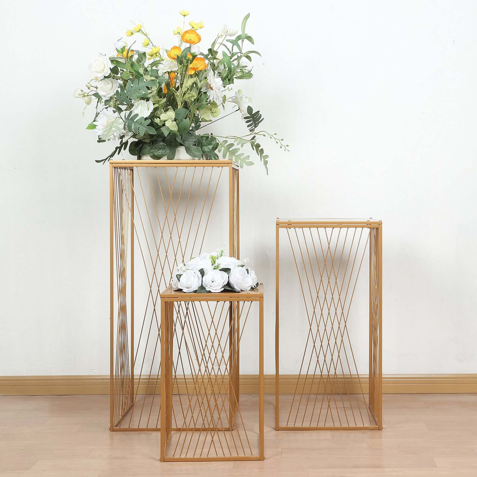 Special Offer! Set of 3 Gold Metal Rectangular Nesting Plant and Dessert Display Stands
