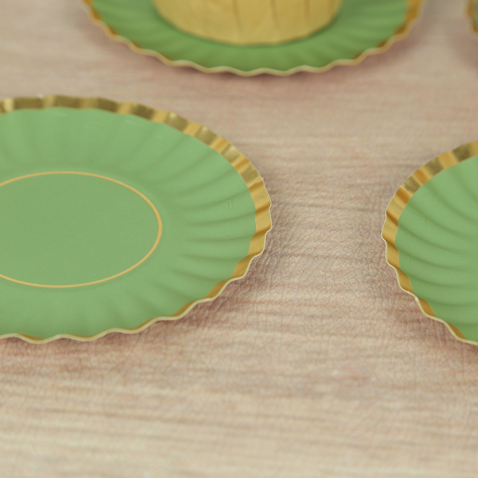 50-Piece Disposable 250GSM Mini Round Dessert Plates in Dusty Sage Green with Gold Scalloped Edge