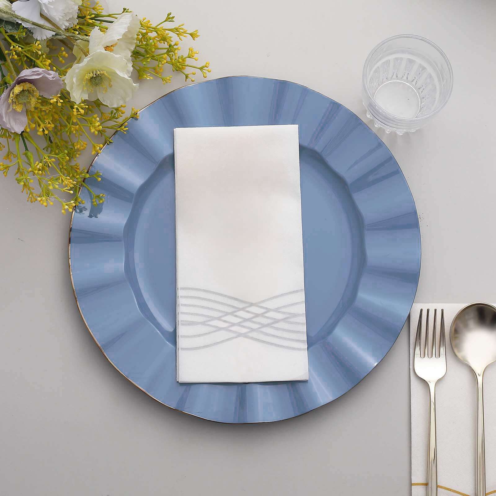 10-Piece Set of Sturdy Disposable Ocean Blue Round Dinner Plates with Gold-Rimmed Ruffled Edges