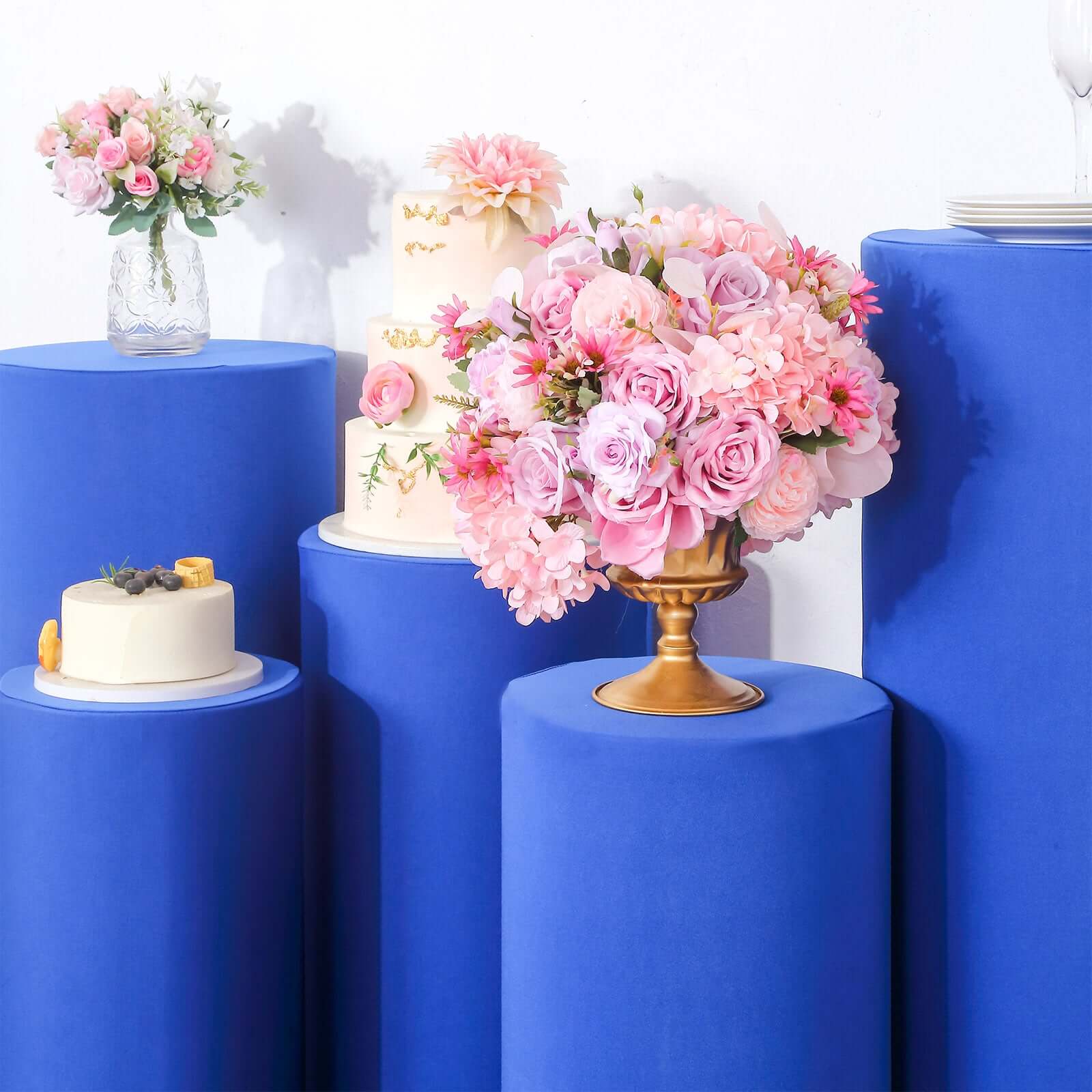 Hot Sale! Set of 5 Royal Blue Stretchable Spandex Cylinder Pedestal Stand Covers - 160 GSM