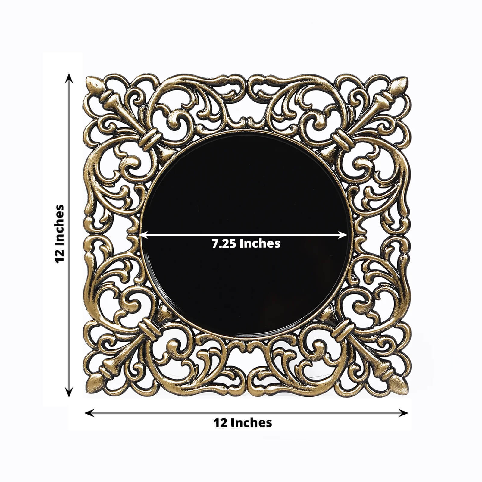 Hot Sale! 6-Pack 12-Inch Black Acrylic Square Charger Plates with Antique Gold Hollow Lace Border for Event Decor