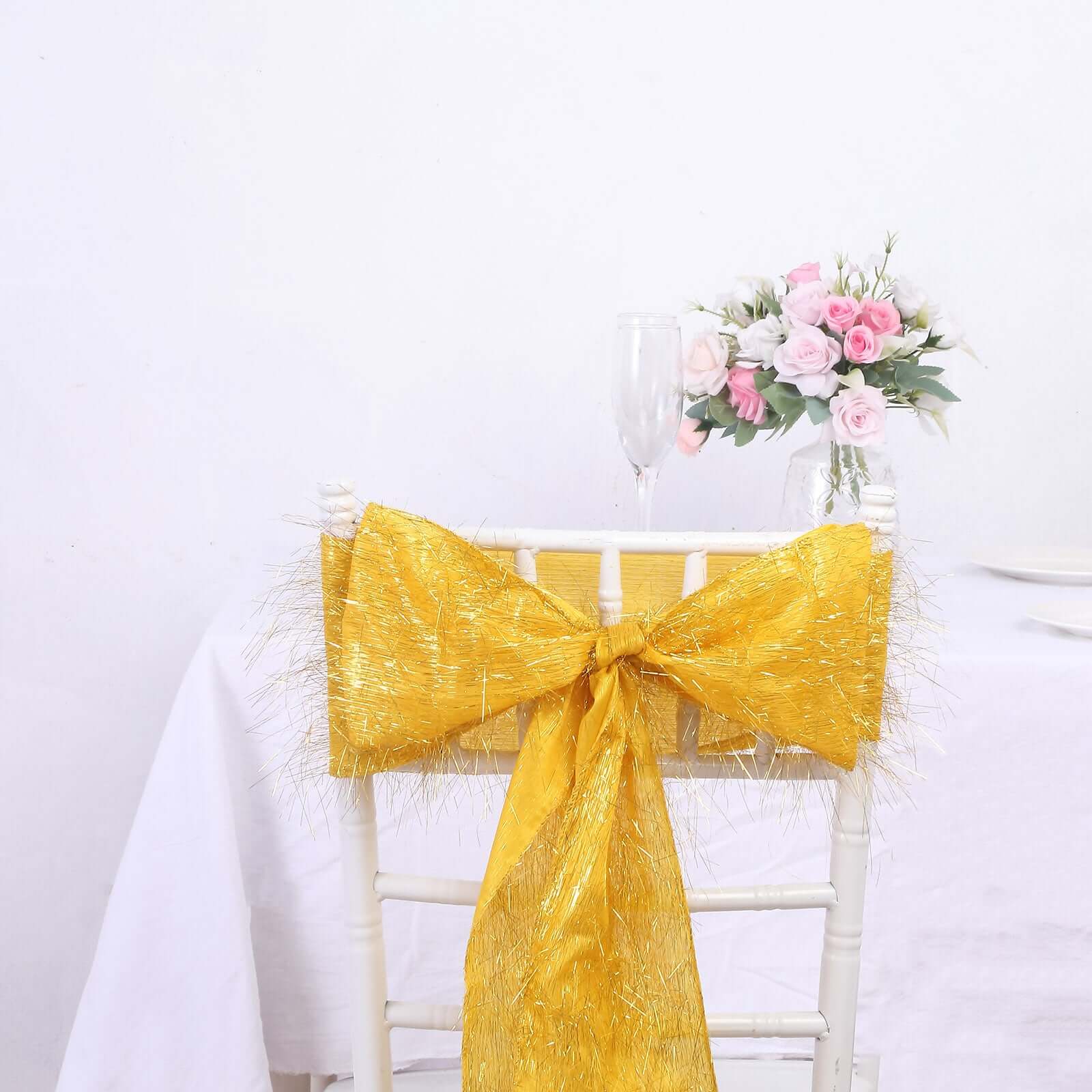 Hot Deal! 5-Pack Gold Metallic Tinsel Fringe Polyester Chair Sashes - Sparkly & Easy-to-Use