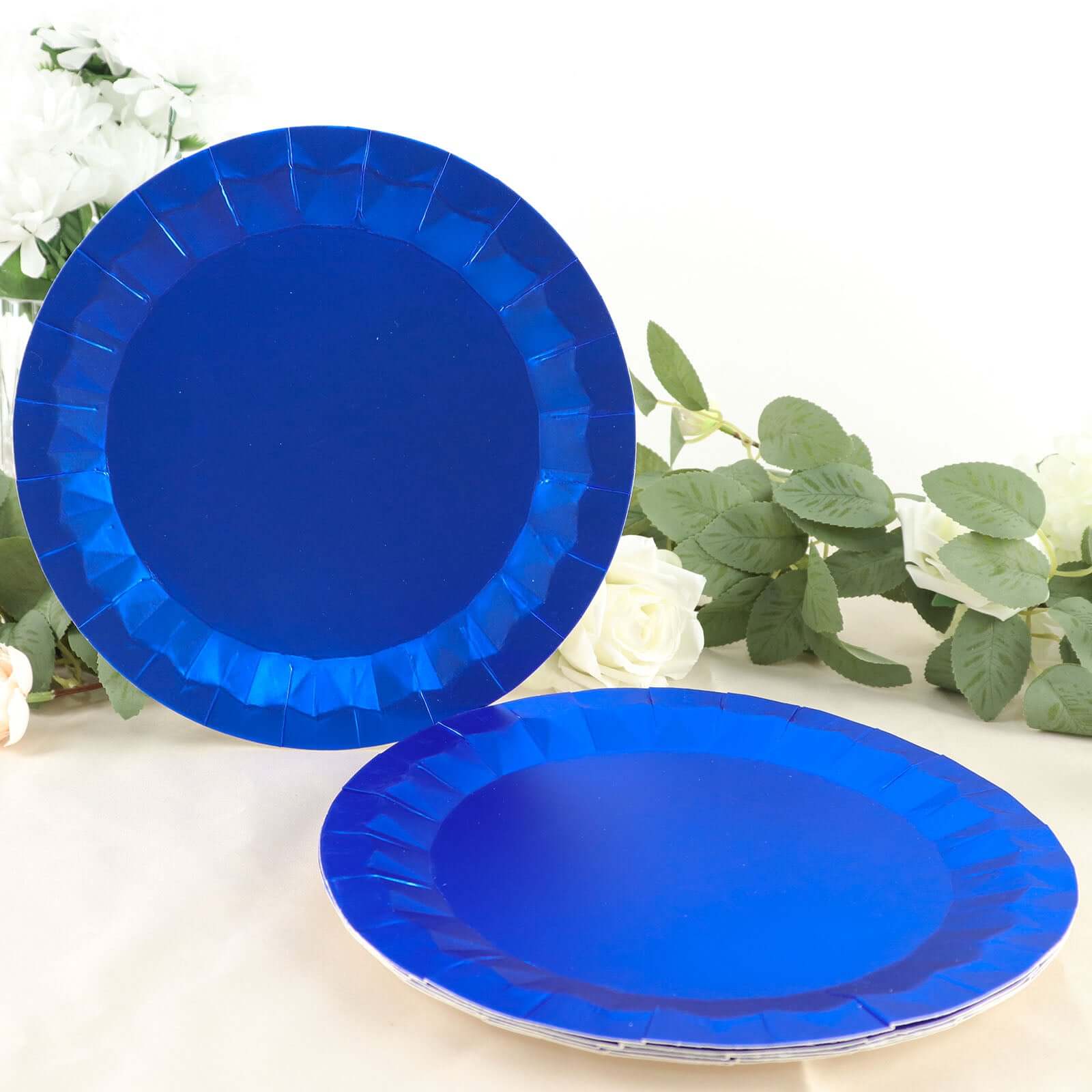 Hot Deal! 25-Piece Set of Disposable 400GSM Royal Blue Round Dinner Paper Plates with Geometric Prism Rim