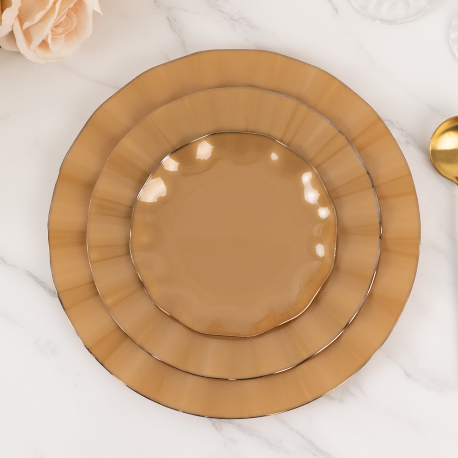 Get This 10-Pack of Sturdy Gold Plastic Round Dinner Plates with Ruffled Rim for Classy Events