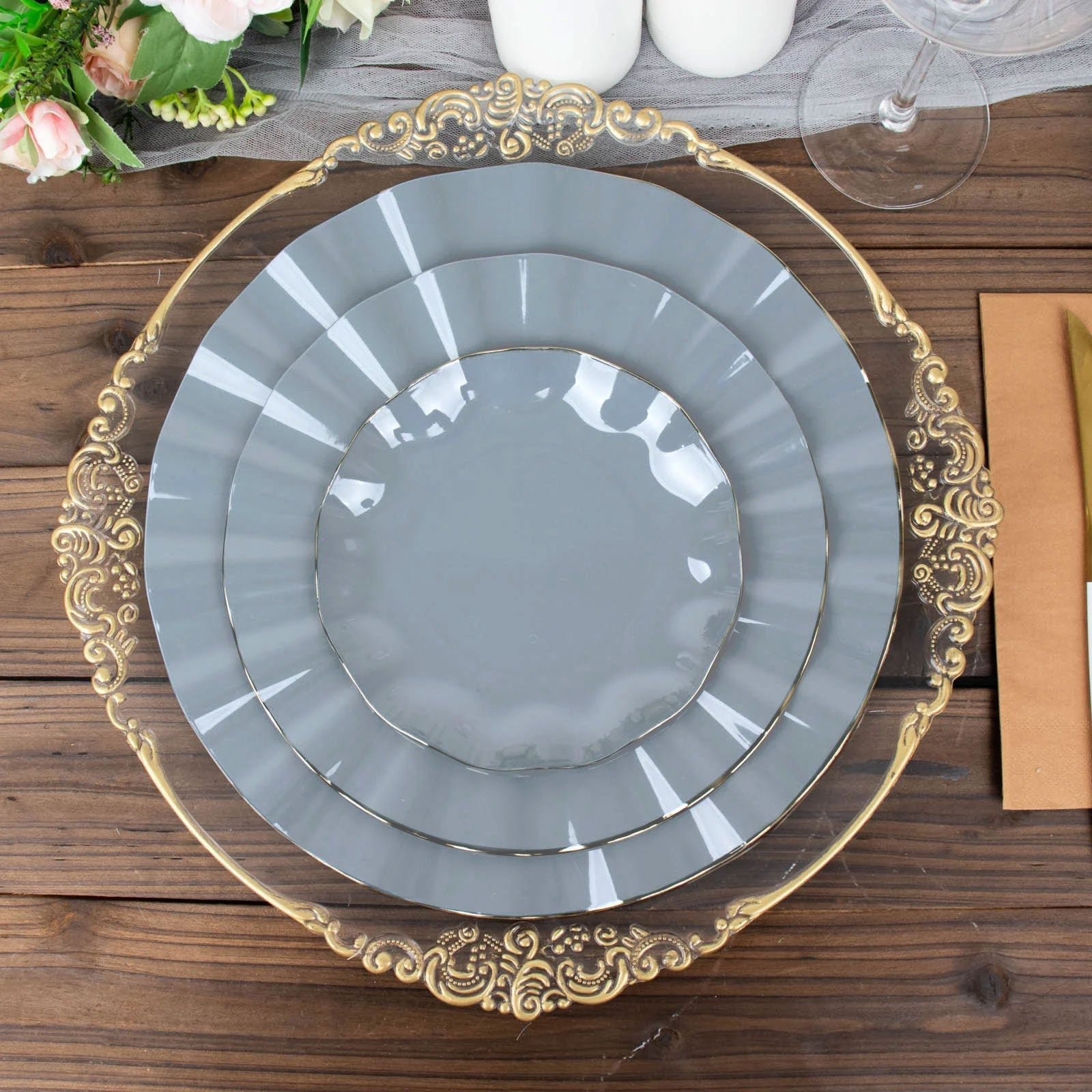 10-Pack Sturdy Disposable 11" Round Dusty Blue Dinner Plates with Gold Ruffled Edging