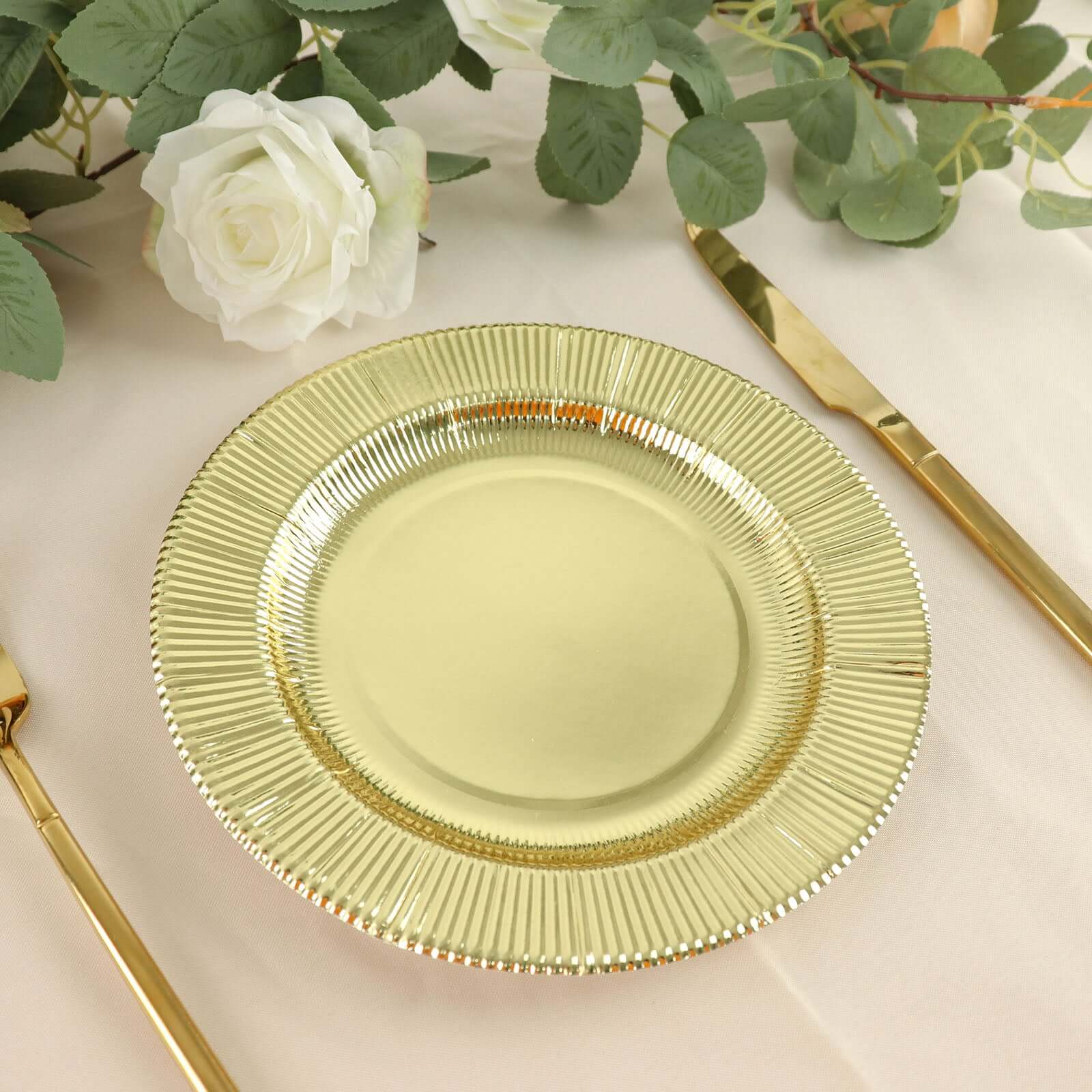 25-Piece Set of Disposable 8-Inch Round Metallic Gold Sunray Design Paper Dessert Plates - Heavy Duty 350GSM