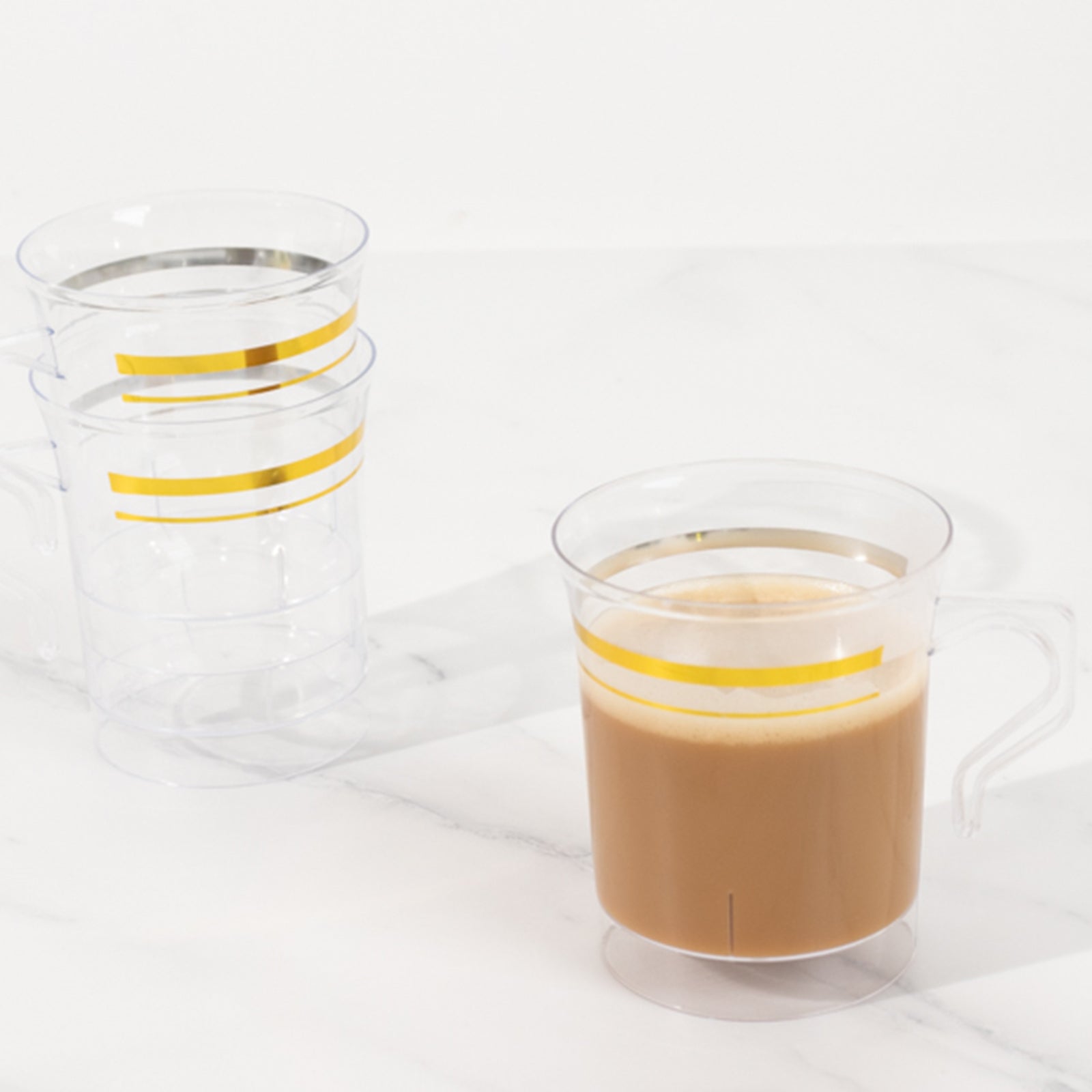 8-Pack Disposable 8oz Clear Plastic Coffee Mugs with Gold Stripes - Ideal for Events