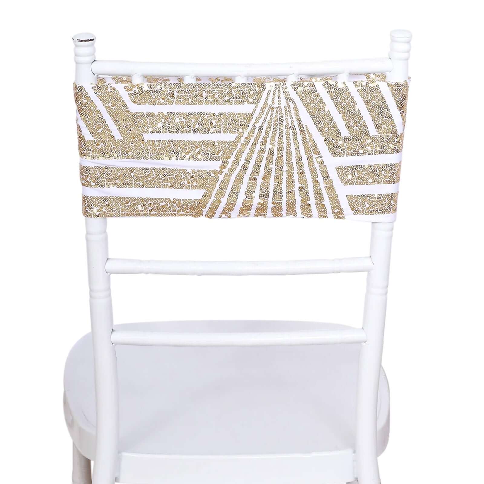 Hot Sale! 5-Pack White Sequin Spandex Chair Sashes with Gold Geometric Diamond Pattern for High-End Events