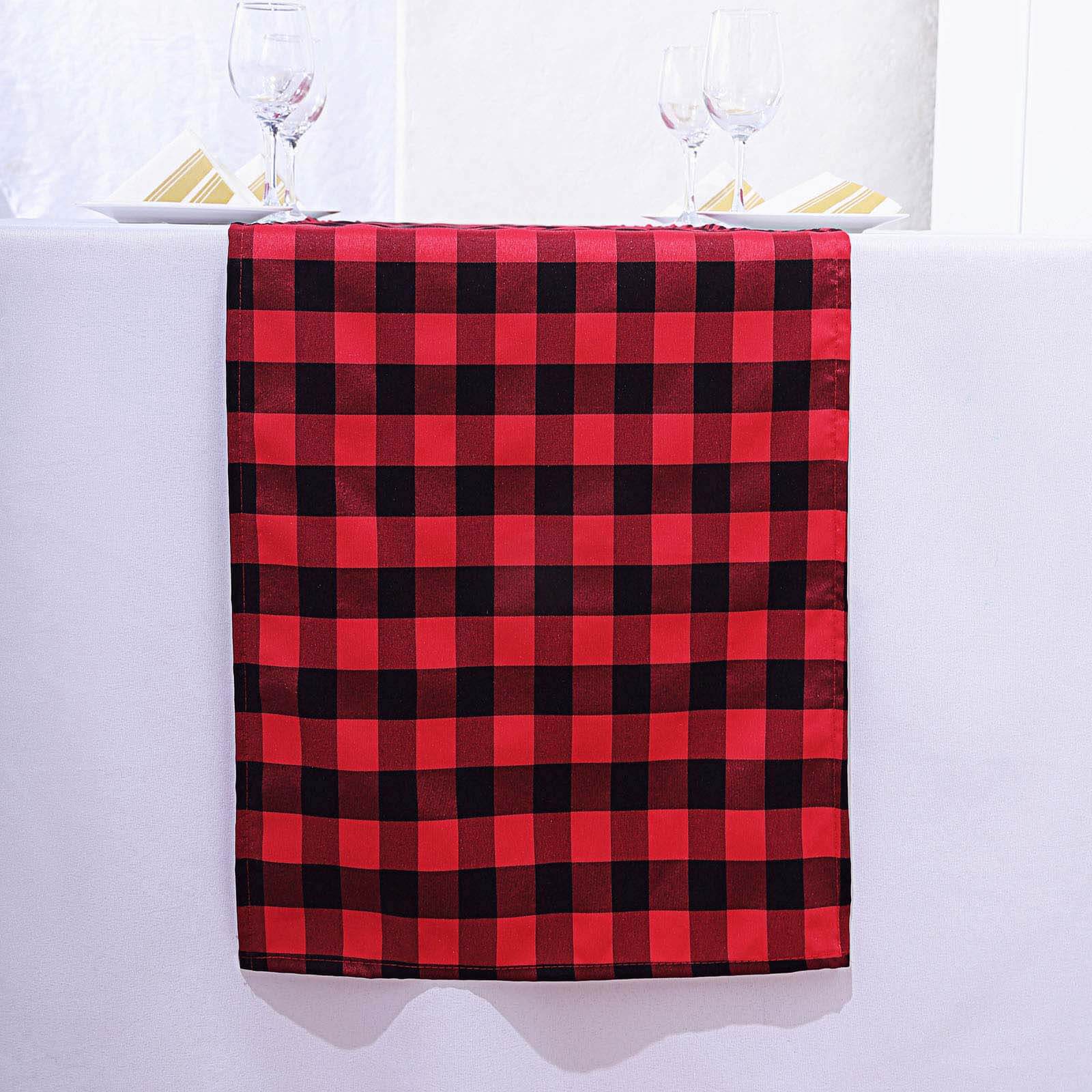 Hot Sale! 14x108 Black and Red Checkered Polyester Outdoor Table Runner with Buffalo Plaid Pattern