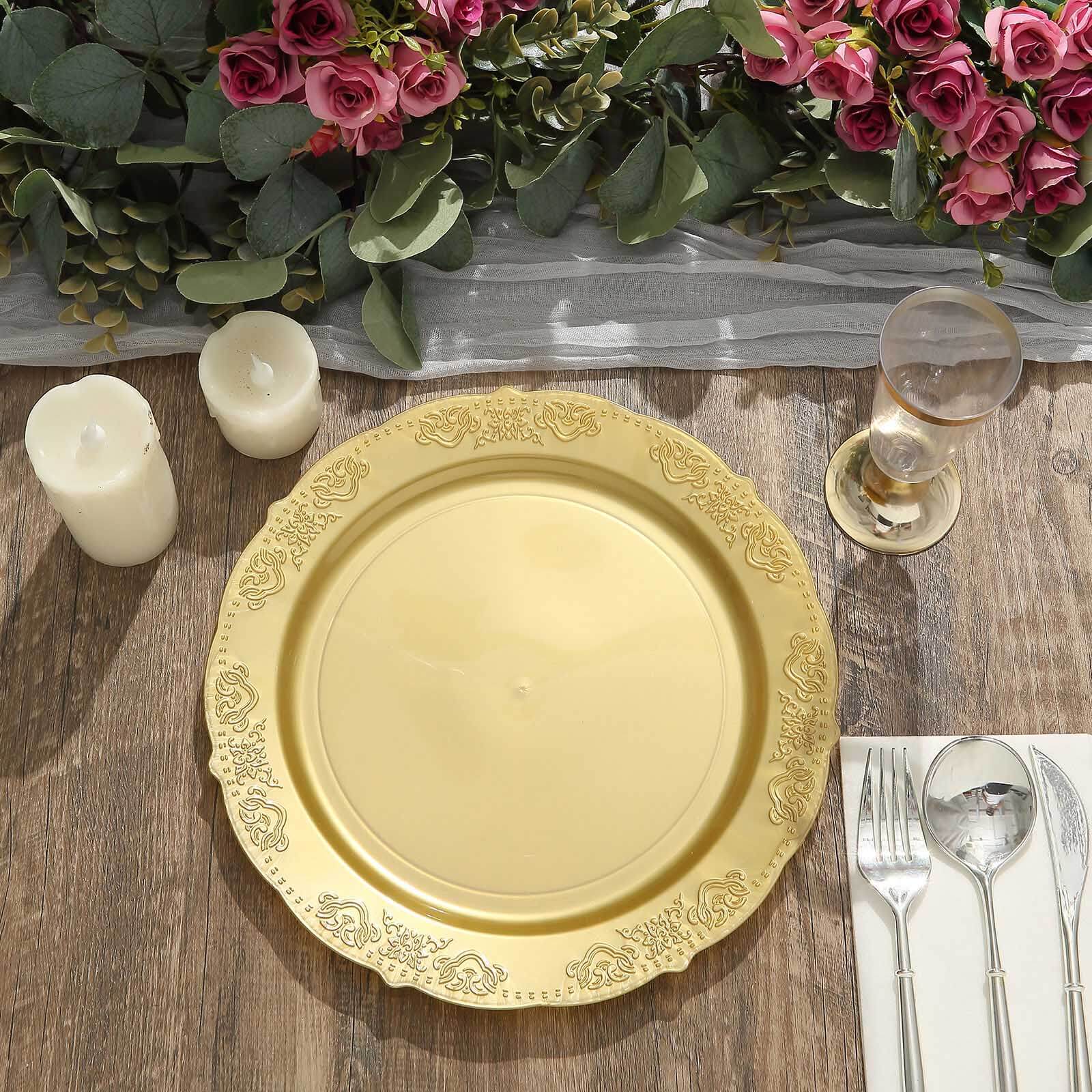 Hot Deal! 10-Pack of Disposable Round Plastic Dinner Plates with Gold Embossed Scalloped Edge for Special Events