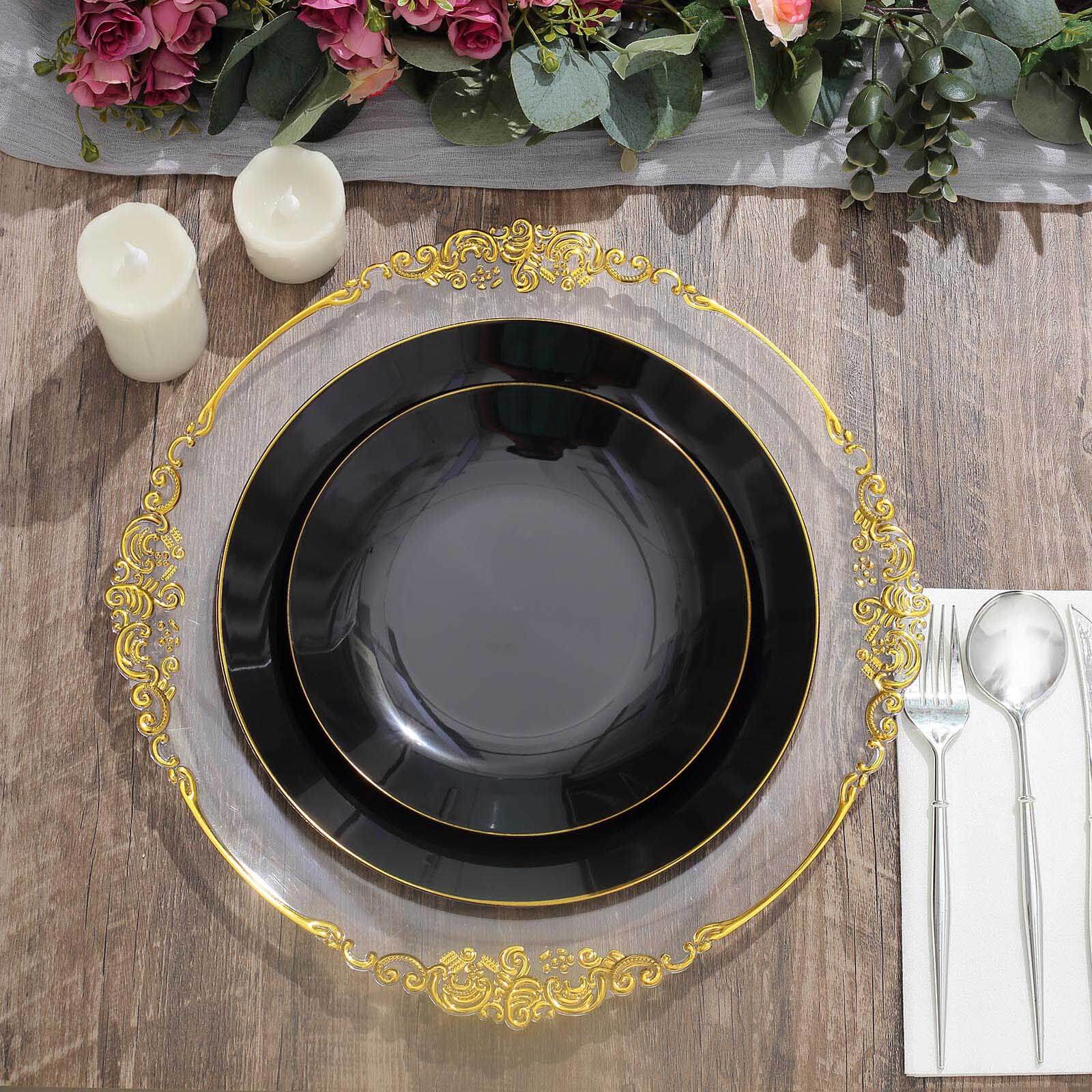 10-Piece Set of Glossy Black Plastic Dinner Plates with Gold Rim for Disposable Parties