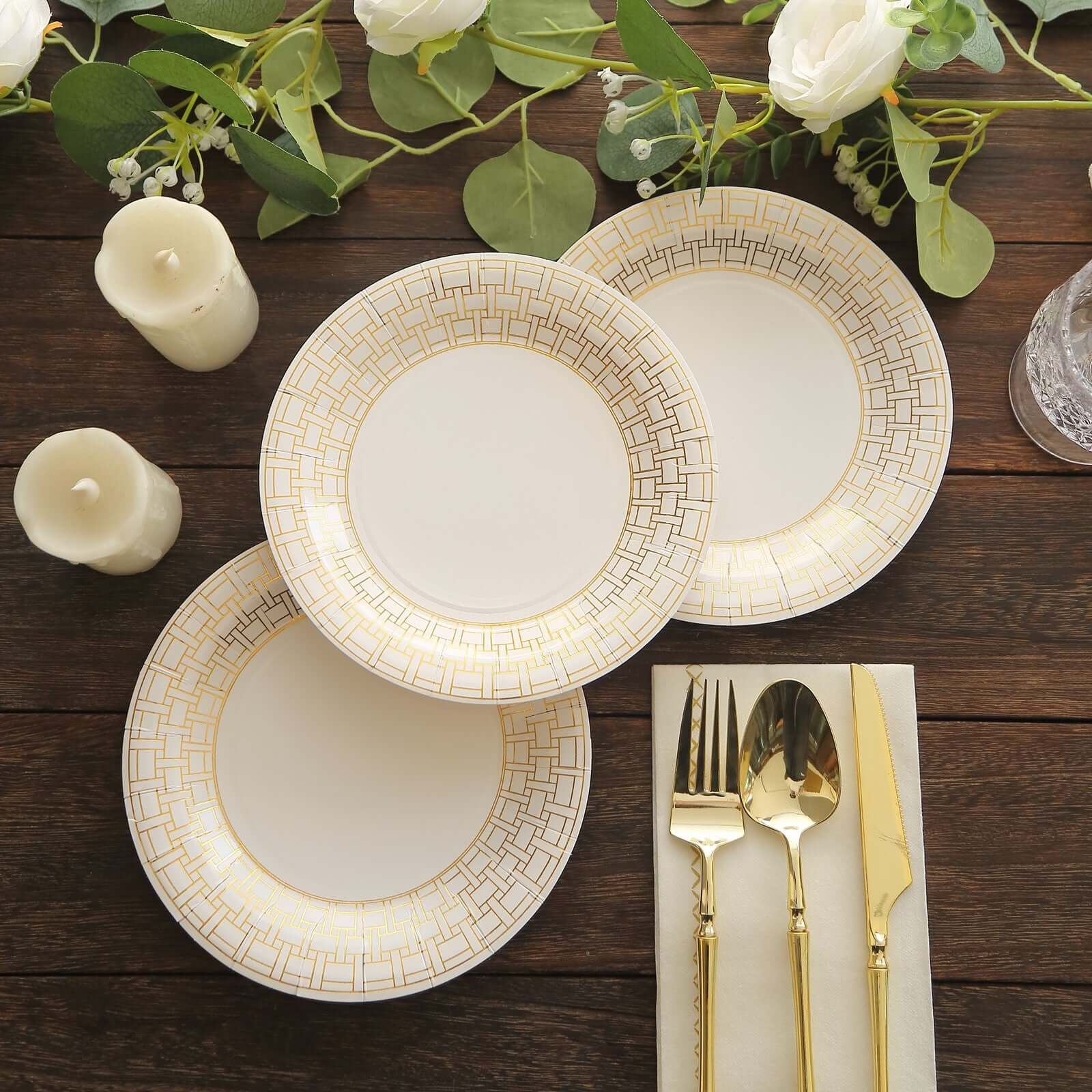 25-Piece Set of 7-Inch White Paper Dessert Plates with Elegant Gold Basketweave Rim