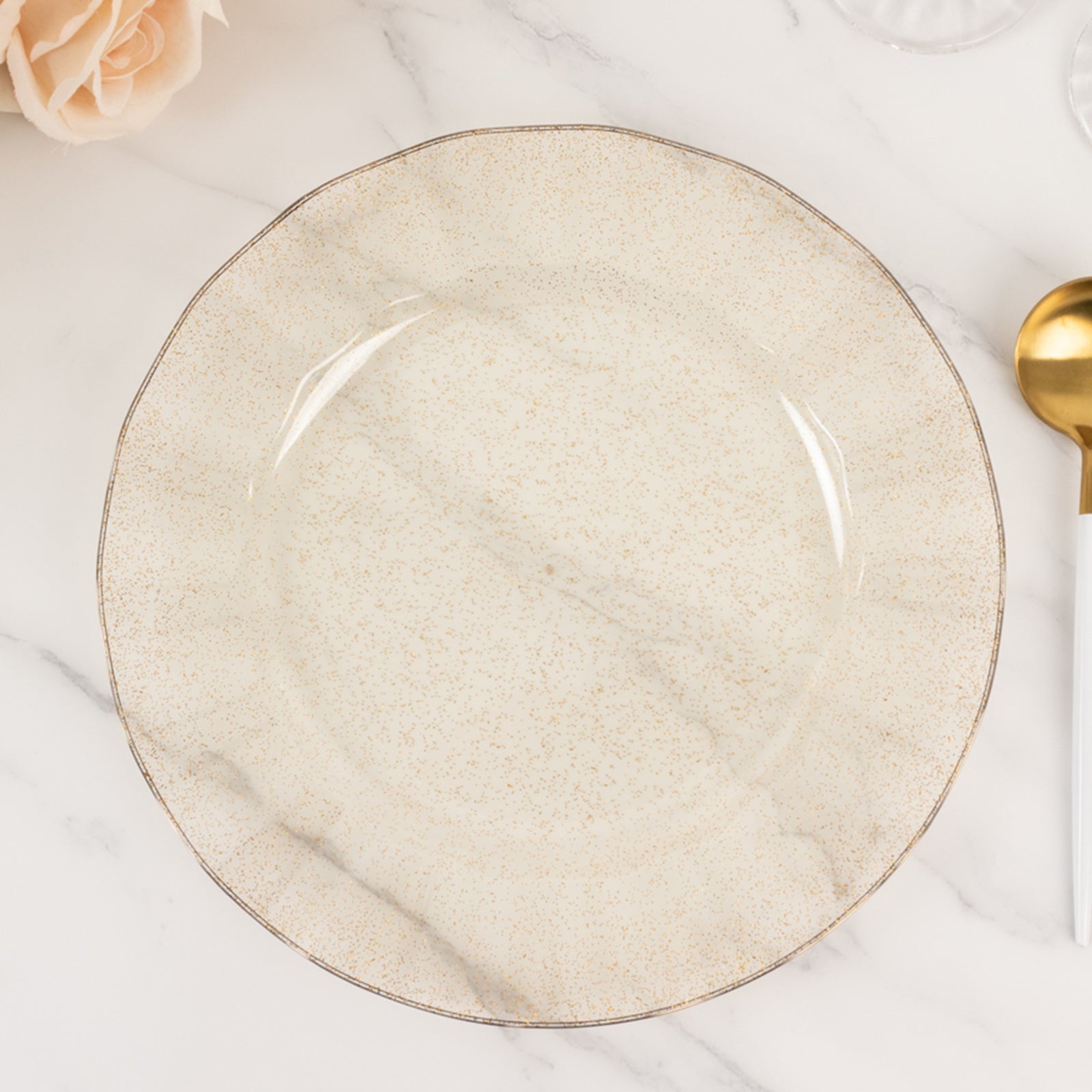 Get 10-Pack of Sturdy Disposable Gold Glitter Round Plastic Dinner Plates with Ruffled Rim