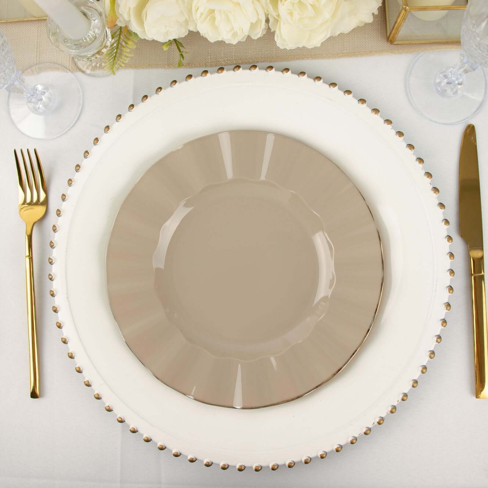 Hot Deal! 10-Pack 9" Taupe Plastic Round Dinner Plates with Gold Ruffled Edges - Sturdy Disposable