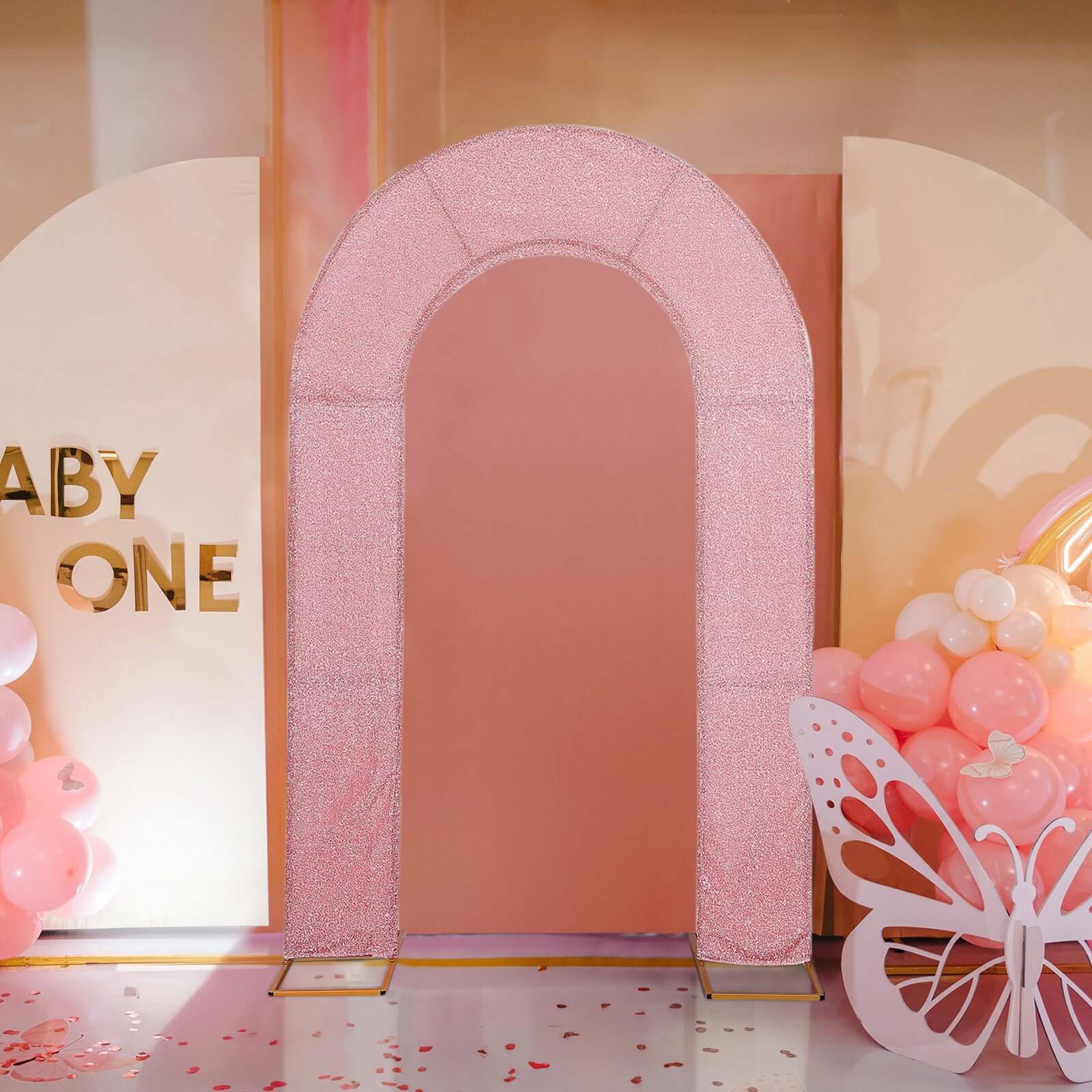 Premium 8ft Rose Gold Shimmer Tinsel Spandex U-Shaped Wedding Arch Slipcover - Ideal for Events
