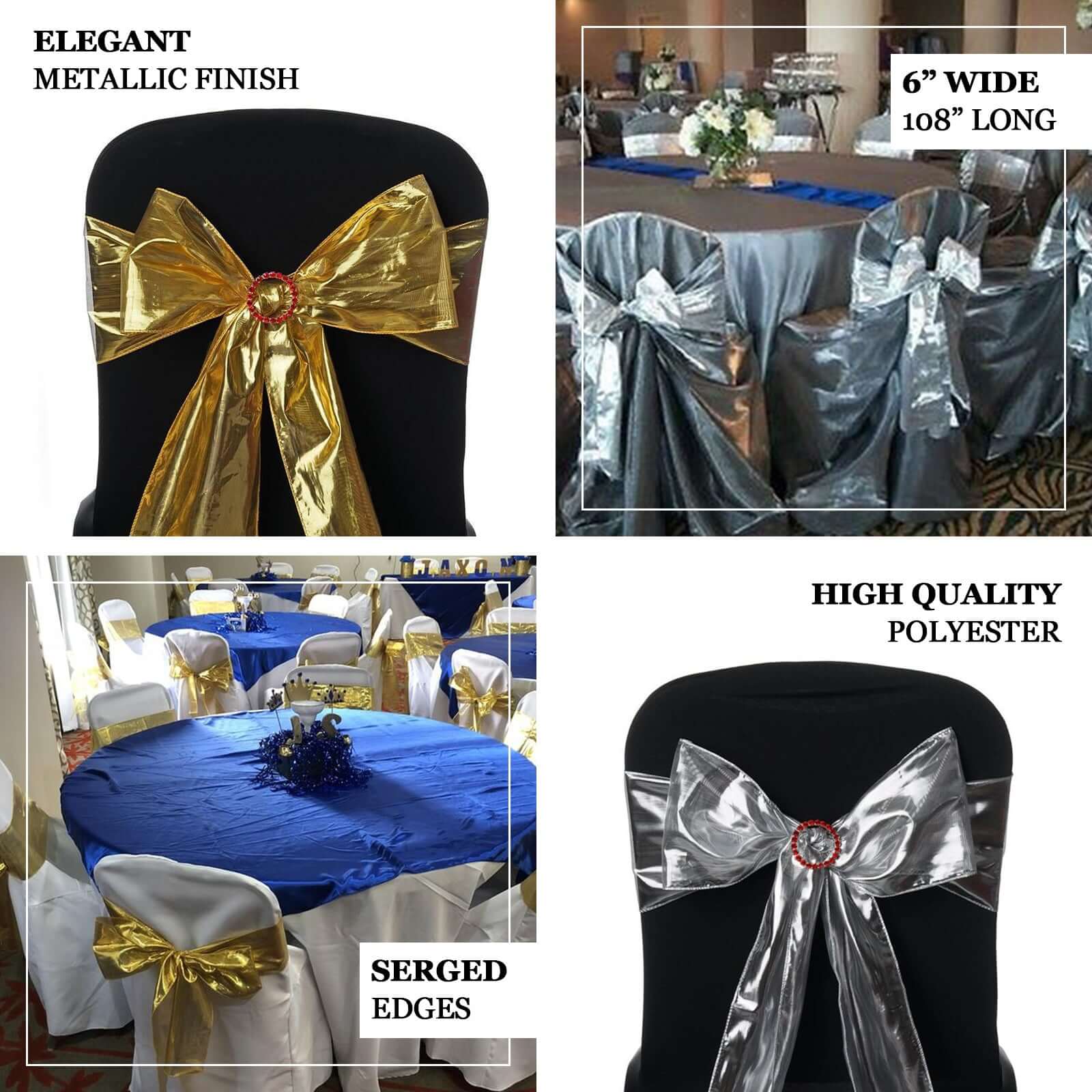 Set of 5 Shiny Gold Foil Metallic Polyester Chair Sashes for Weddings, Parties & Events - 6x108