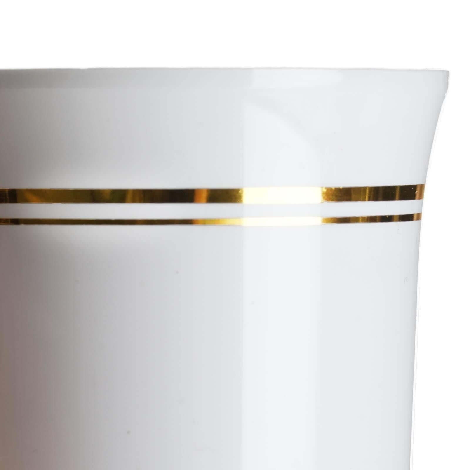 8-Piece Set of Disposable White Plastic Coffee Mugs with Gold Stripes - 8oz Sturdy Cups for Coffee & Tea