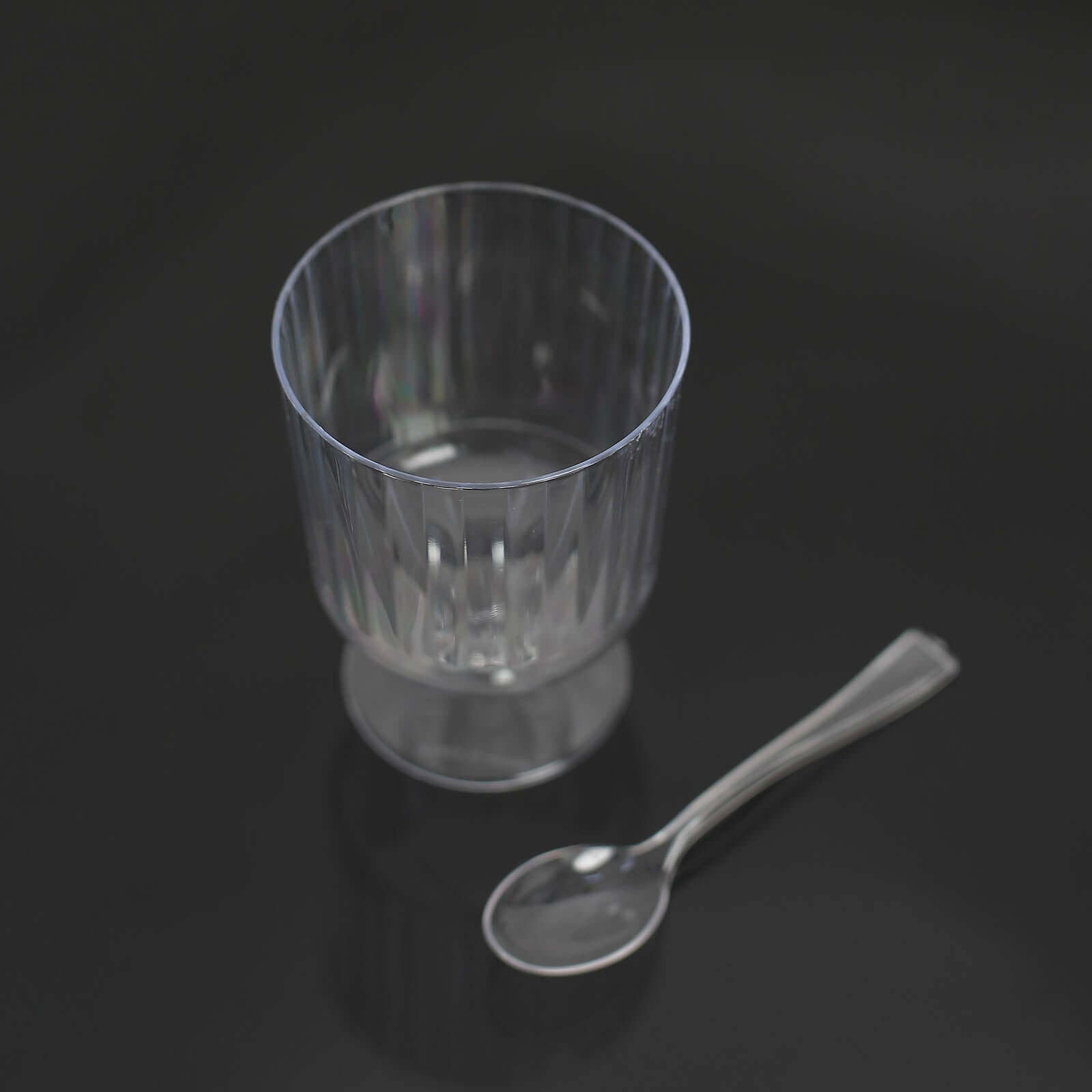 24-Pack Disposable 5oz Clear Plastic Dessert Cups with Ribbed Design and Pedestals, Spoon Set for Events