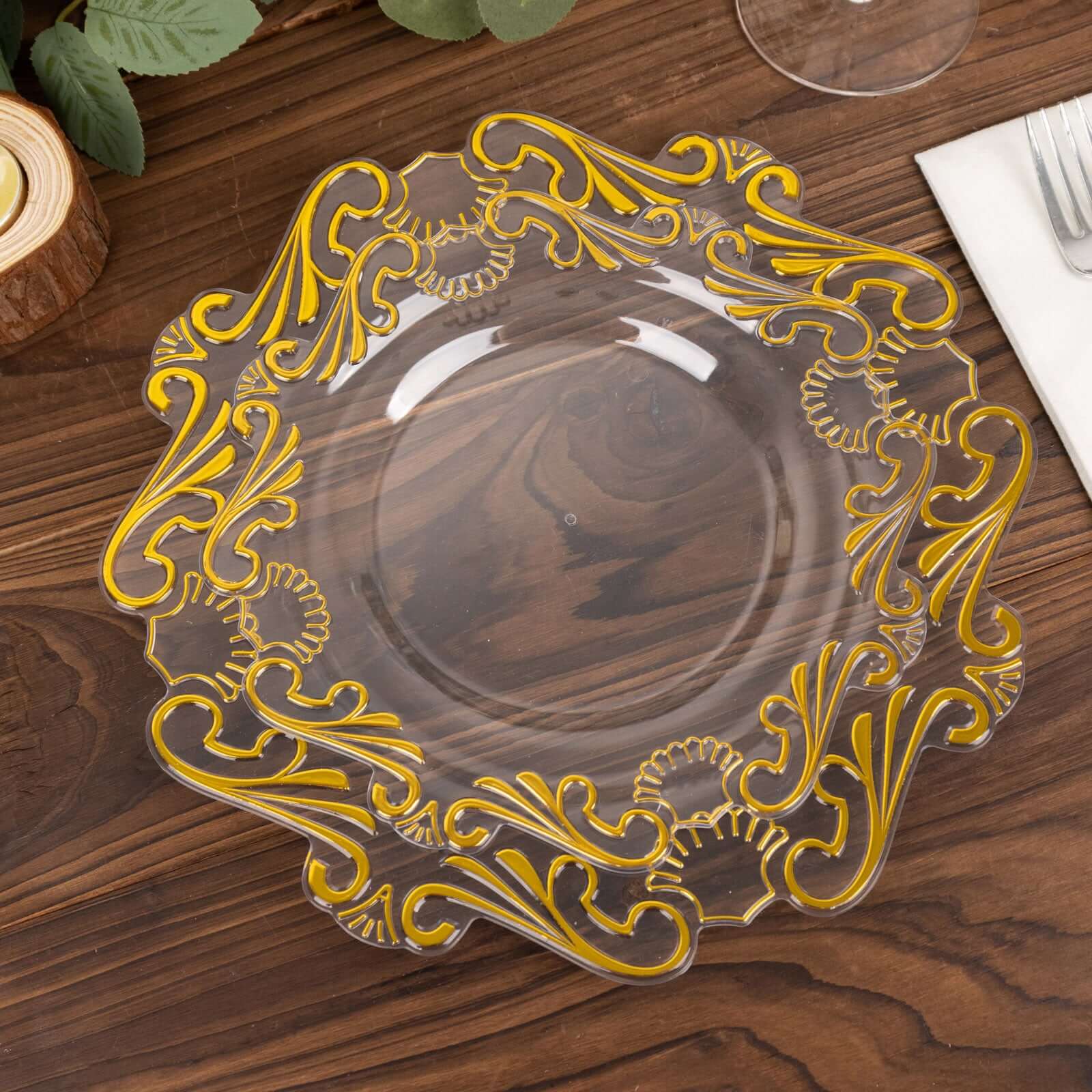10-Pack Clear Plastic Round Dinner Plates with Gold Vintage Baroque Scalloped Rim - Ideal for Parties