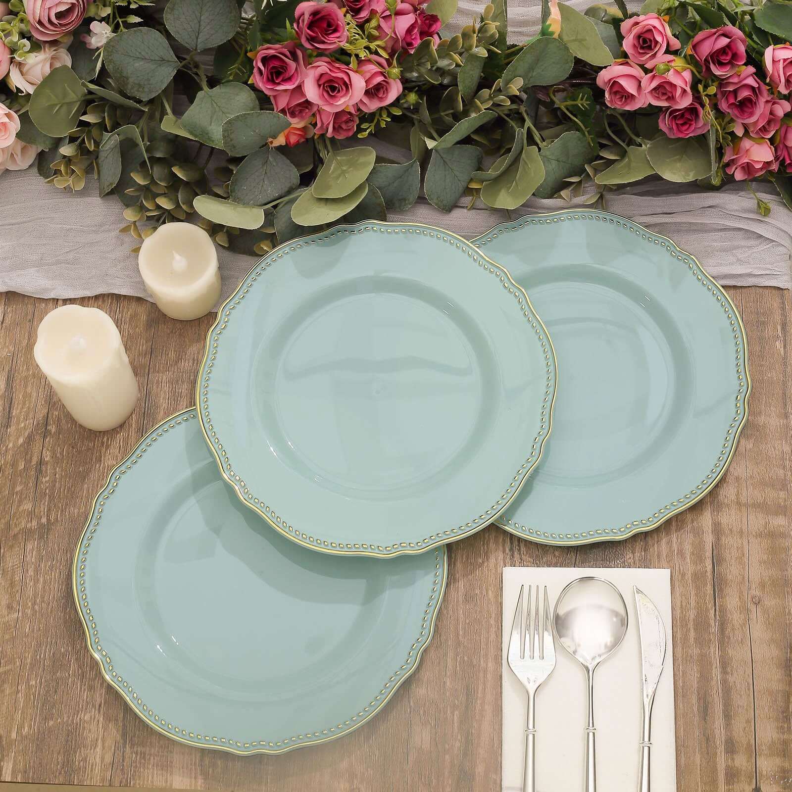 10-Pack Disposable Jade Plastic Dinner Plates with Gold Scalloped Rim - 9 Inches