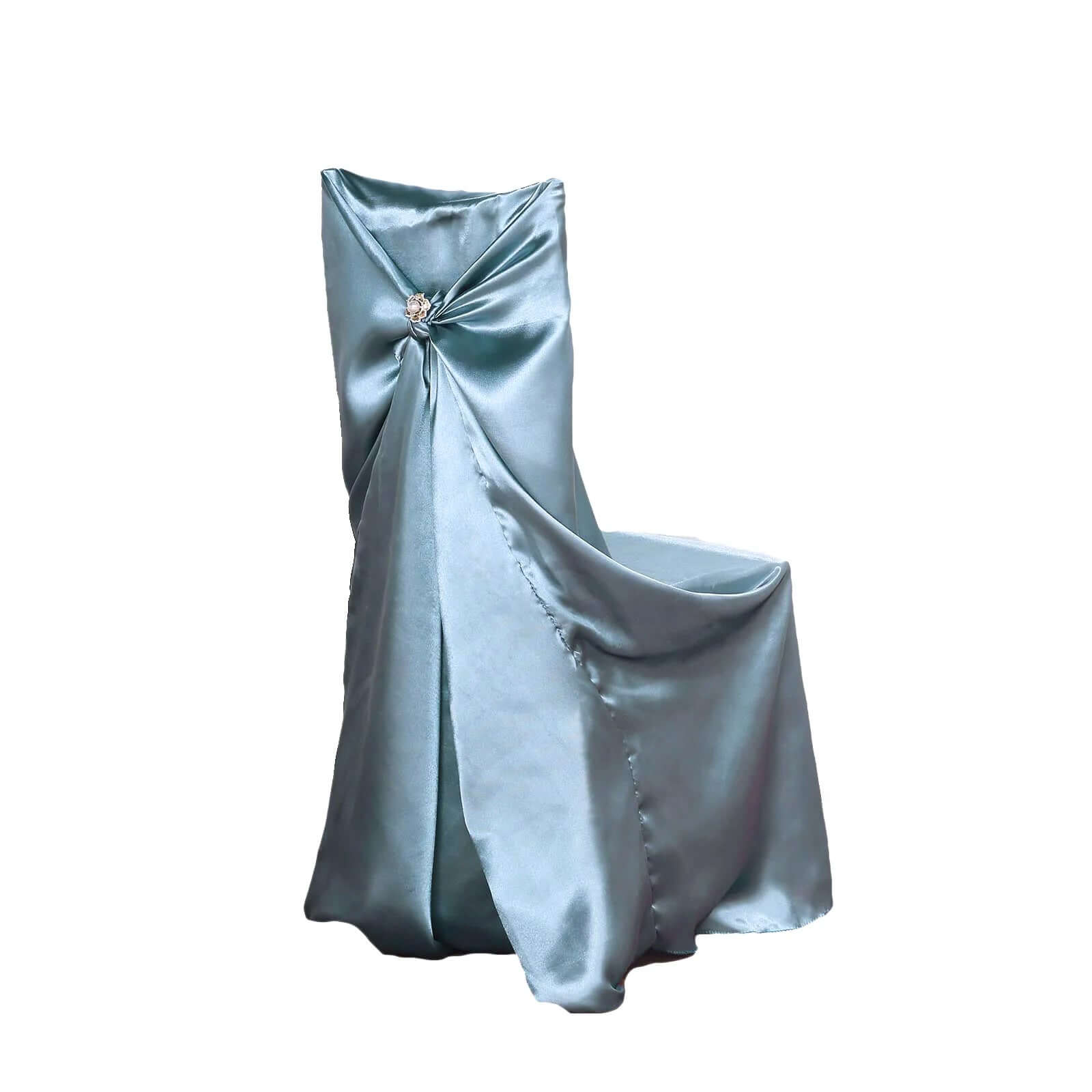 Dusty Blue Satin Self-Tie Chair Cover - Universal Slip-On for Folding, Dining & Banquet Chairs
